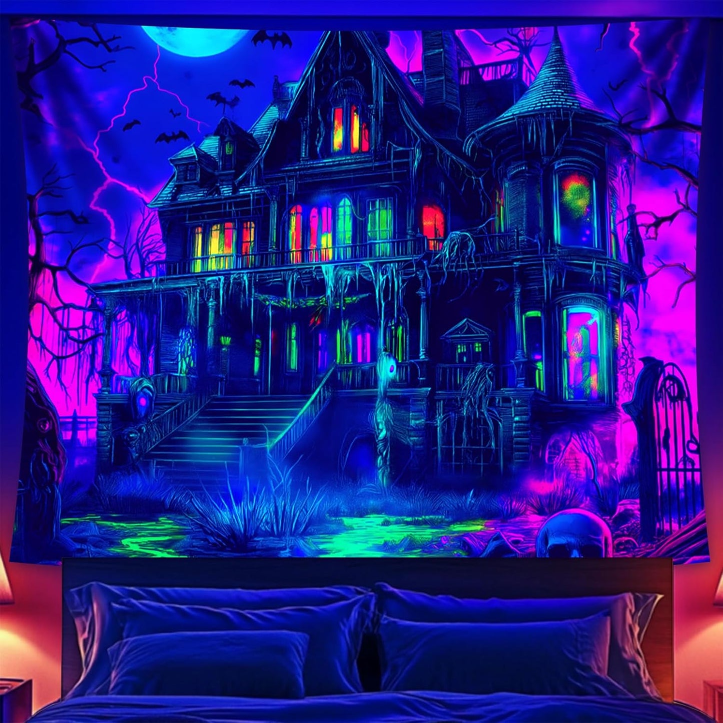 Halloween Tapestry, Blacklight Tapestry for Halloween Party Decor Hanging Tapestries Backdrop Wall Art Poster for Bedroom Dorm 79x59in