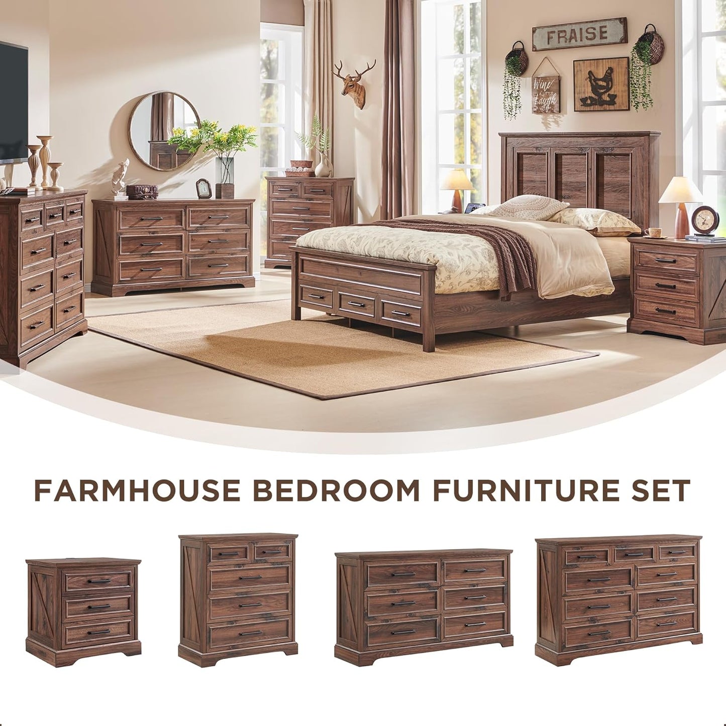 Farmhouse 6 Drawer Dresser for Bedroom, 52 Inch Wide Modern Dresser TV Stand with Large Drawers & Bar Handles, Rustic Wood Chest of Drawers for Bedroom, Living Room, Hallway, Brown