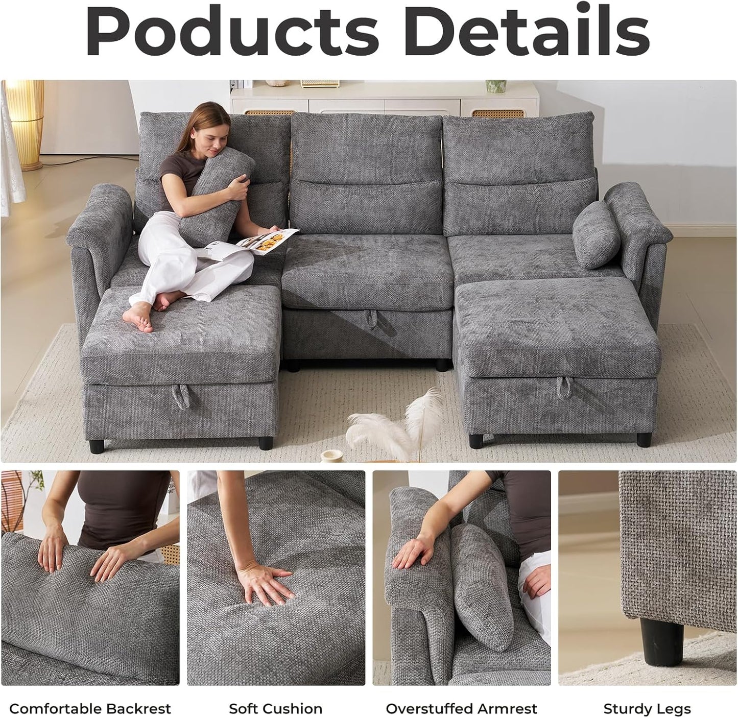 103''U Shaped Modular Sectional Sofa, Comfy Cloud Sectional Couch with Storage Ottoman, Chenille Deep Seat Modern Modular Sofa with 2 Throw Pillows for Living Room,Grey