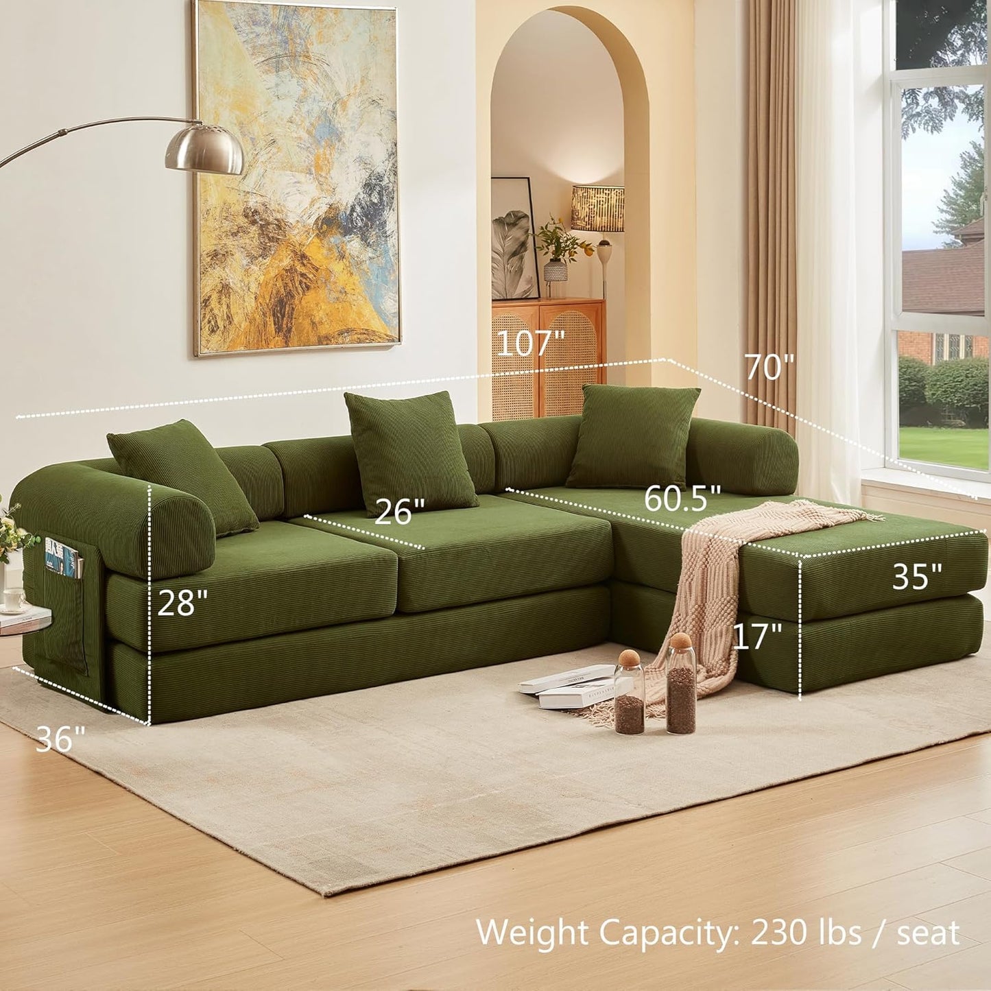 107" Oversized Convertible Sleeper Sofa Bed, Corduroy L Shape Sectional Couch, Folding Sofa Bed with Side Pocket, Modern Cloud Floor Mattress Couch, Modular Sofa for Living Room, Green