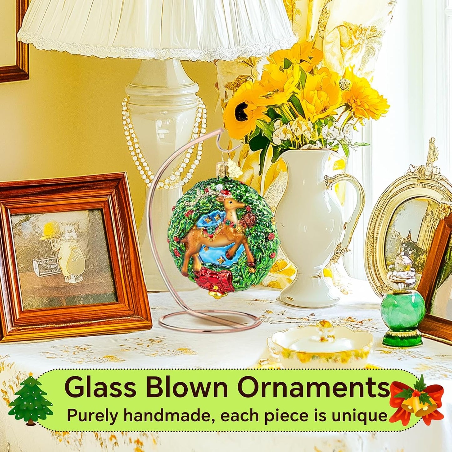 Reindeer Christmas Tree Ornaments,Blown Glass Christmas Ornaments, Wreath Collection Hanging Ornaments,Glass Home Decorations for Animal Lovers Holiday Party Daily Gifts