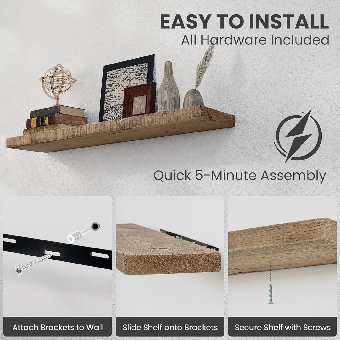 Floating Shelves Reclaimed Barnwood, 8" Deep Solid Wood Floating Shelf Wall Hanging Shelves with Invisible Heavy-Duty Metal Bracket | Wall Mounted | Farmhouse Style | 40 inches,2PCS,Natural