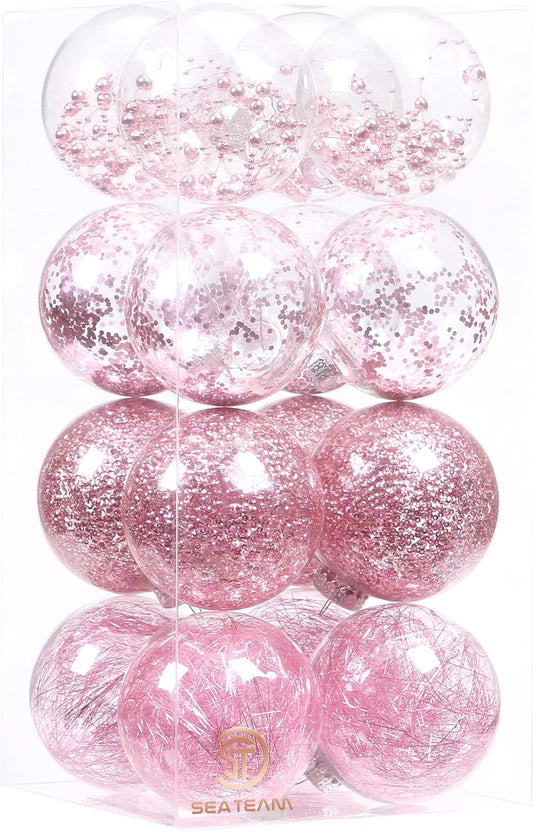 Sea Team Shatterproof Clear Plastic Christmas Ball Ornaments Decorative Xmas Balls Baubles Set with Stuffed Delicate Decorations (100mm/3.94 inch 16-Pack, Pink)