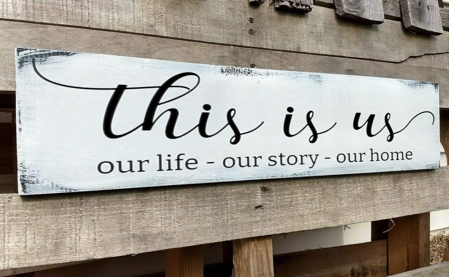 This is Us Sign, Our Life Our Story Our Home Sign, Farmhouse Family Wooden Wall Decor for Living Room Bedroom (This is Us) 4x16 Inch