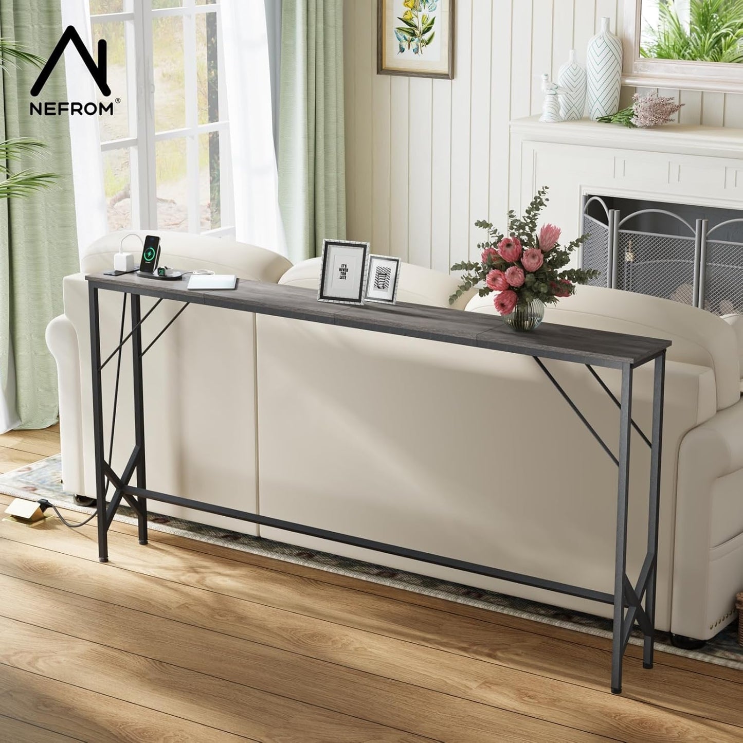 63'' Console Table, Skinny Entryway Table with Fast-Charging Station, Narrow Long Sofa Table, Behind Slim Couch Table for Entrance, Hallway, Living Room Decor ST-GY160-1