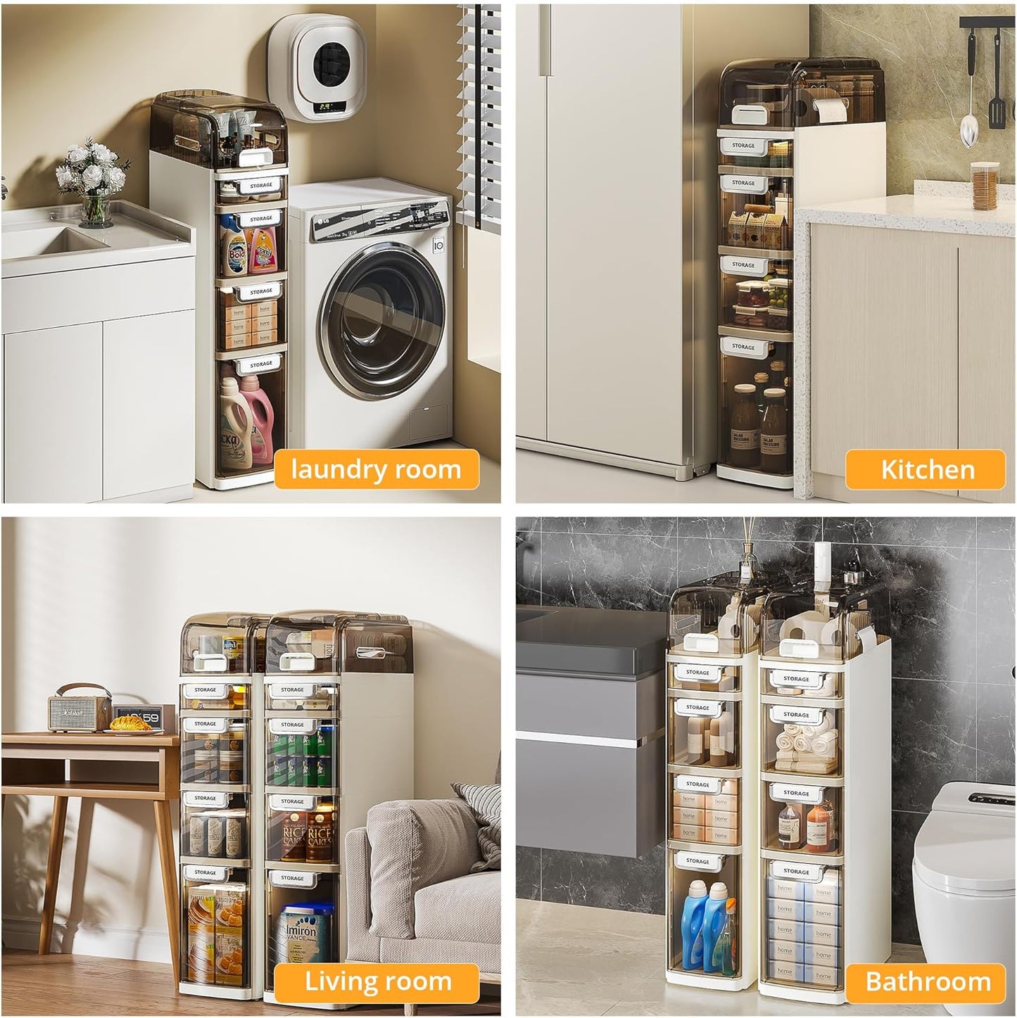 VECELO 5-Tier Narrow Beside Toilet Storage Cabinet, Plastic Bathroom Organizers and Storage with Drawers & Wheels, Space-Saving, Slim Toilet Paper Storage for Bathroom, Laundry Room, Small Space