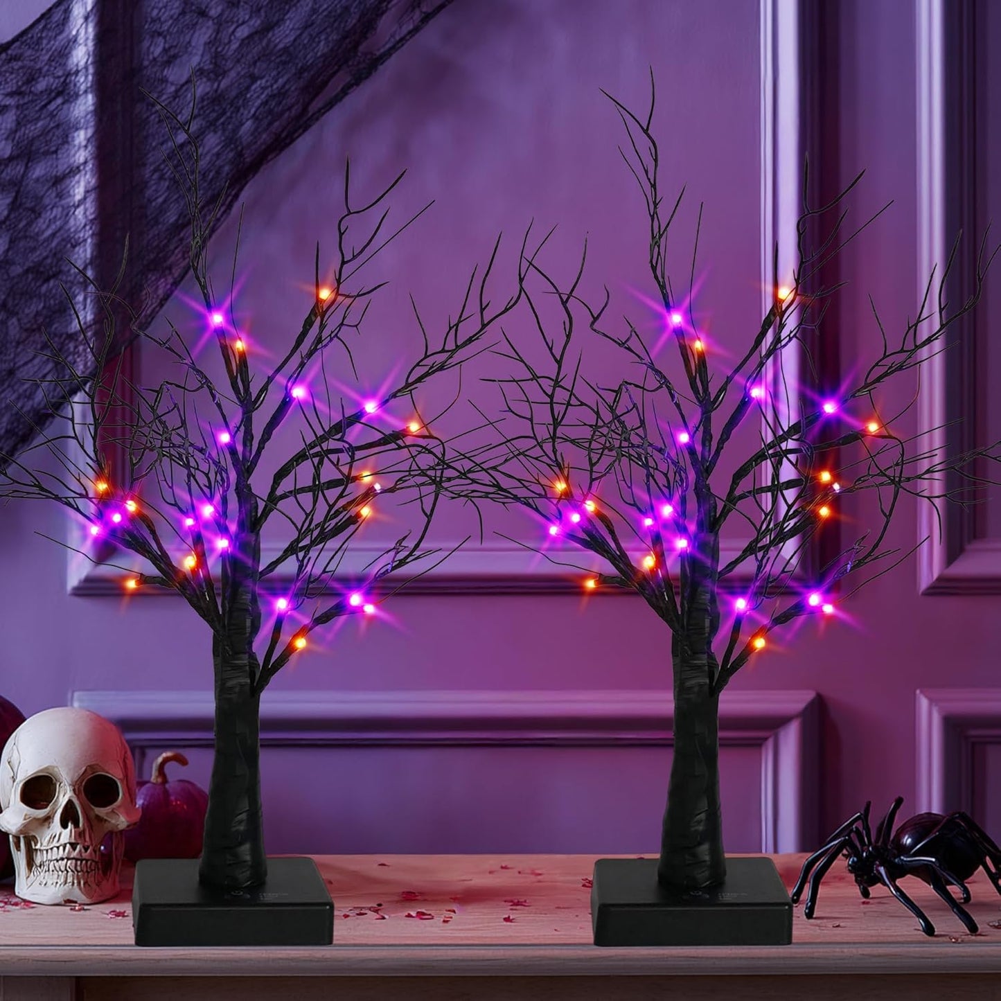 Dazzle Bright 2 Pack 20 Inch Orange & Purple Lighted Halloween Birches Tree Decor, 24 LED Battery Operated Halloween Decorations Artificial Black Spooky Tree with Timer for Indoor Home Party