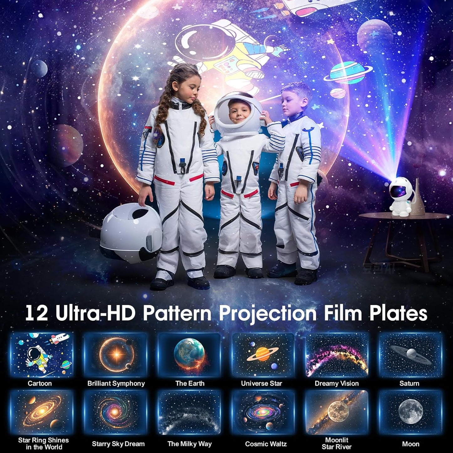 Astronaut Planetarium Projector for Bedroom, 12 Image Discs, Galaxy Projector Star Night Light, Ceiling Mood Lighting, LED Space Galaxy Lamp, Kids Adults Room Decor