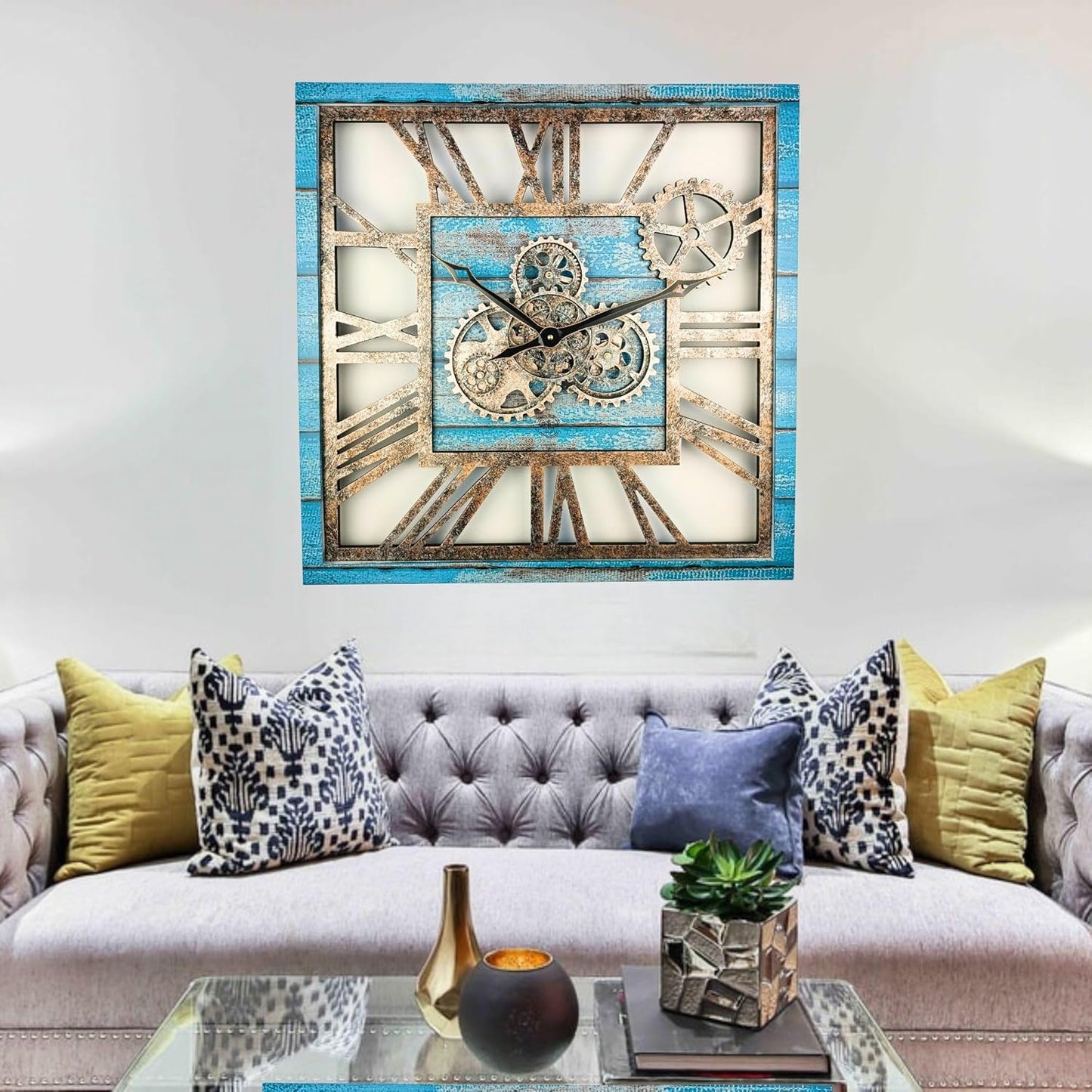 The Gears Clock 24'' Inch Square Real Moving Gear Wall Clock Vintage Industrial Oversized Rustic Farmhouse (Ocean Blue)