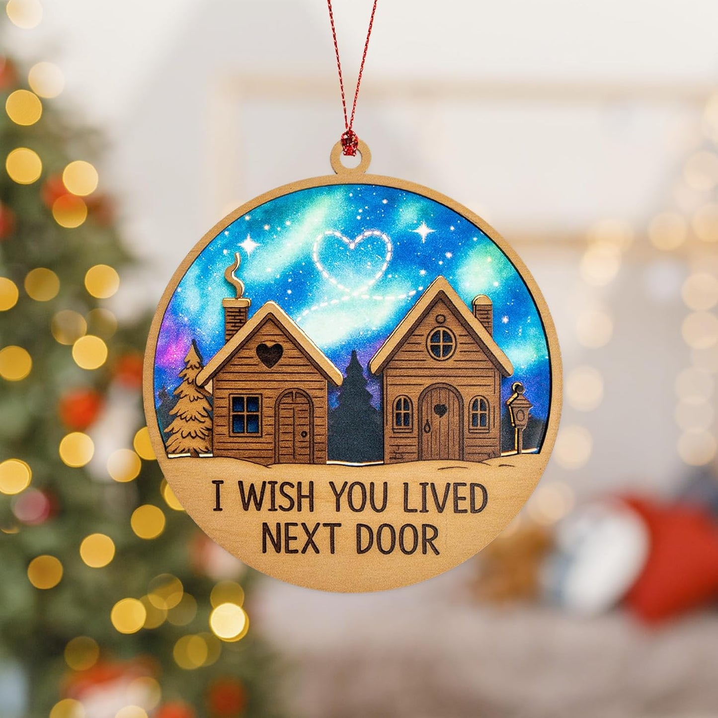 Neighbor Ornament – I Wish You Lived Next Door | Long Distance Friendship Gift – Across The Miles – Rustic Cabin Card – Christmas Holiday Décor – Suncatcher Effect Stained Glass Window – Car Hanging