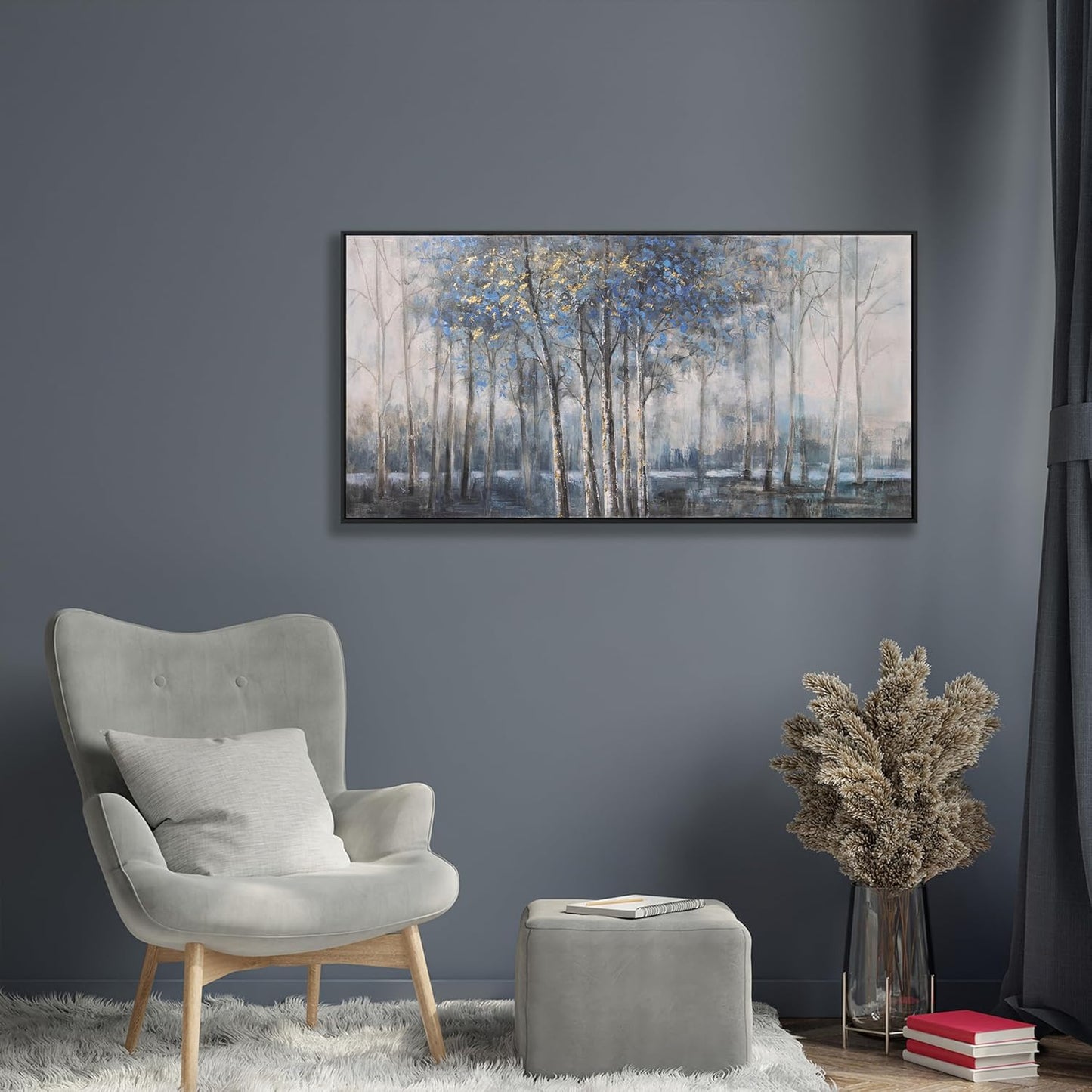 Abstract Canvas Wall Art Modern Abstract Artwork Canvas Prints Framed Canvas Picture Blue Embellishments Plant Grey Misty Forest Abstract Tree Contemporary Wall Art Bedroom Living Room Office
