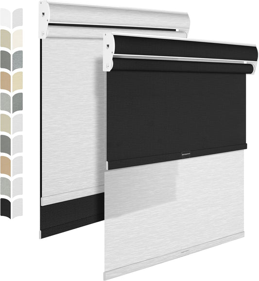 BERISSA Cordless Dual Roller Shades with Cassette Valance, Double Window Shades - Blackout and Light Filtering, Day and Night for Home Office Door. Linen Black and White - 38 W x 48" H