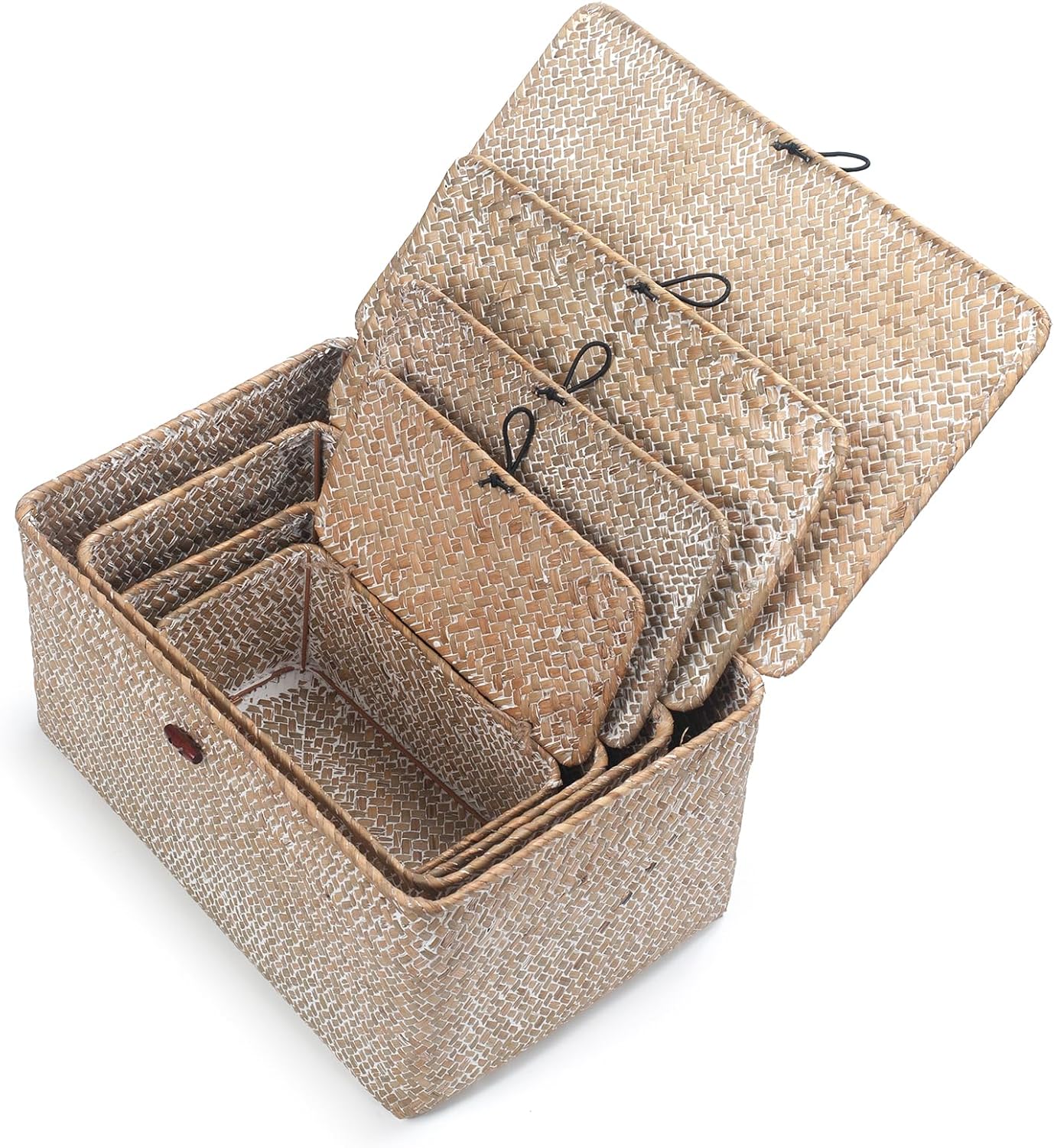 Wicker Basket with Lid, Seagrass Storage Basket, Woven Decorative Storage Baskets for Shelf Organizing, Whitewash