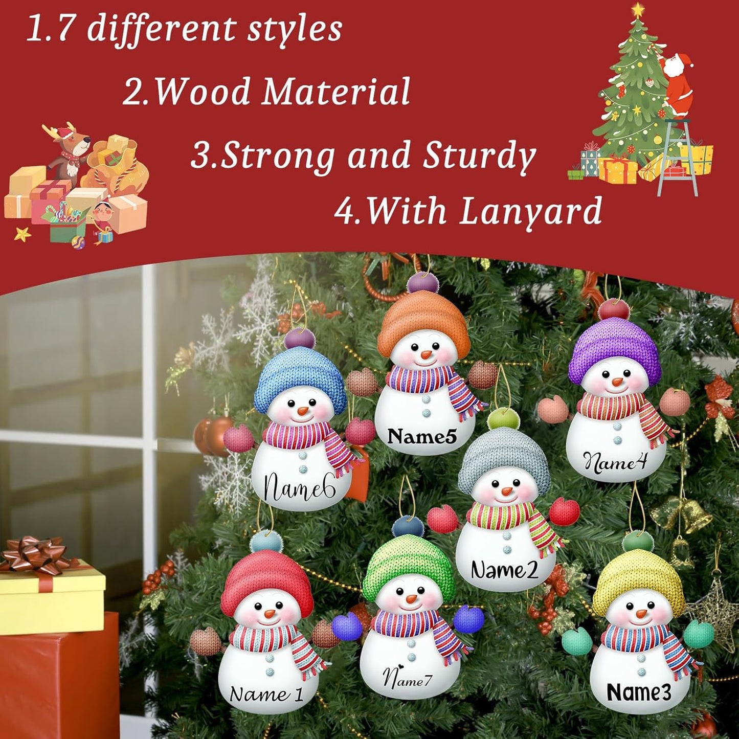 Personalized Christmas Ornaments with Names Snowman Custom Family Ornament Customized Xmas Tree Hanging Wood Decoration Gift 3.15"（8cm） Rose