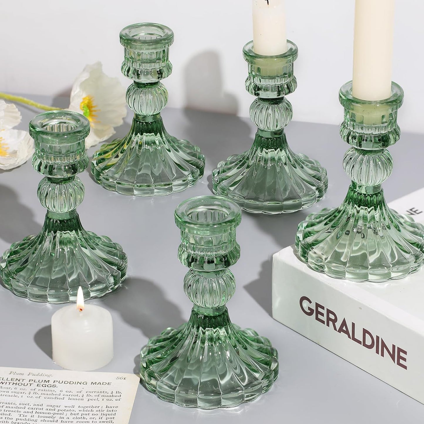 12PCS Green Candlestick Holders Set- 4" H Taper Candle Holders, Glass Candle Holders Bulk for Wedding, Party, Home Table Centerpieces, Festival Gifts & Windowsill Decor