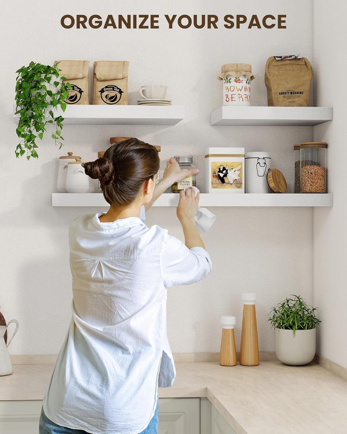 Marsmiles 24" Floating Shelves for Wall, Wooden Shelves with Invisible Brackets Set of 2, Rustic Farmhouse Wall Mounted Shelf for Kitchen Bathroom Living Room Study, White