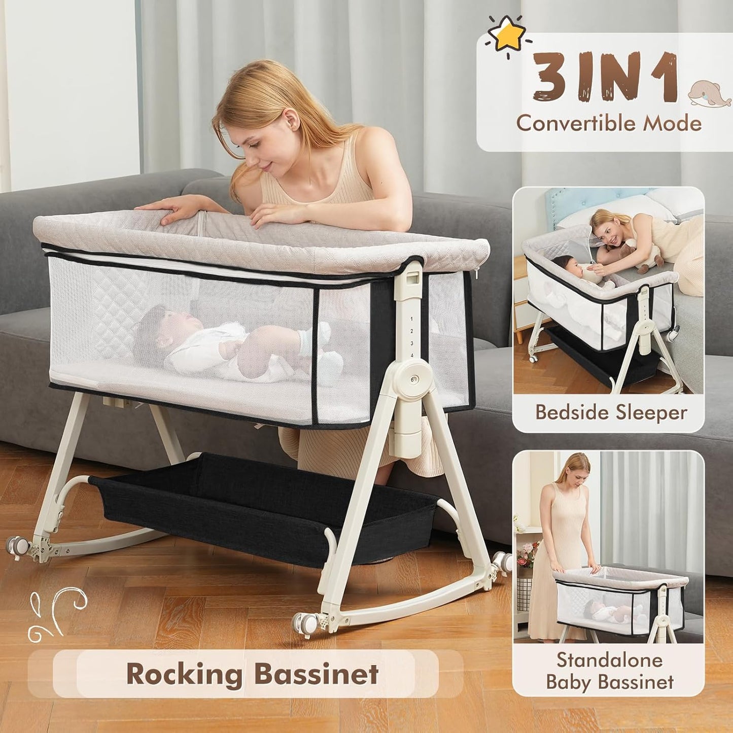 Baby Bassinet Bedside Sleeper for Baby,Bedside Bassinet with Wheels and Storage Basket,All Mesh 6 Height Adjustable Easy to Assemble Bedside Crib (Upgrade Black)