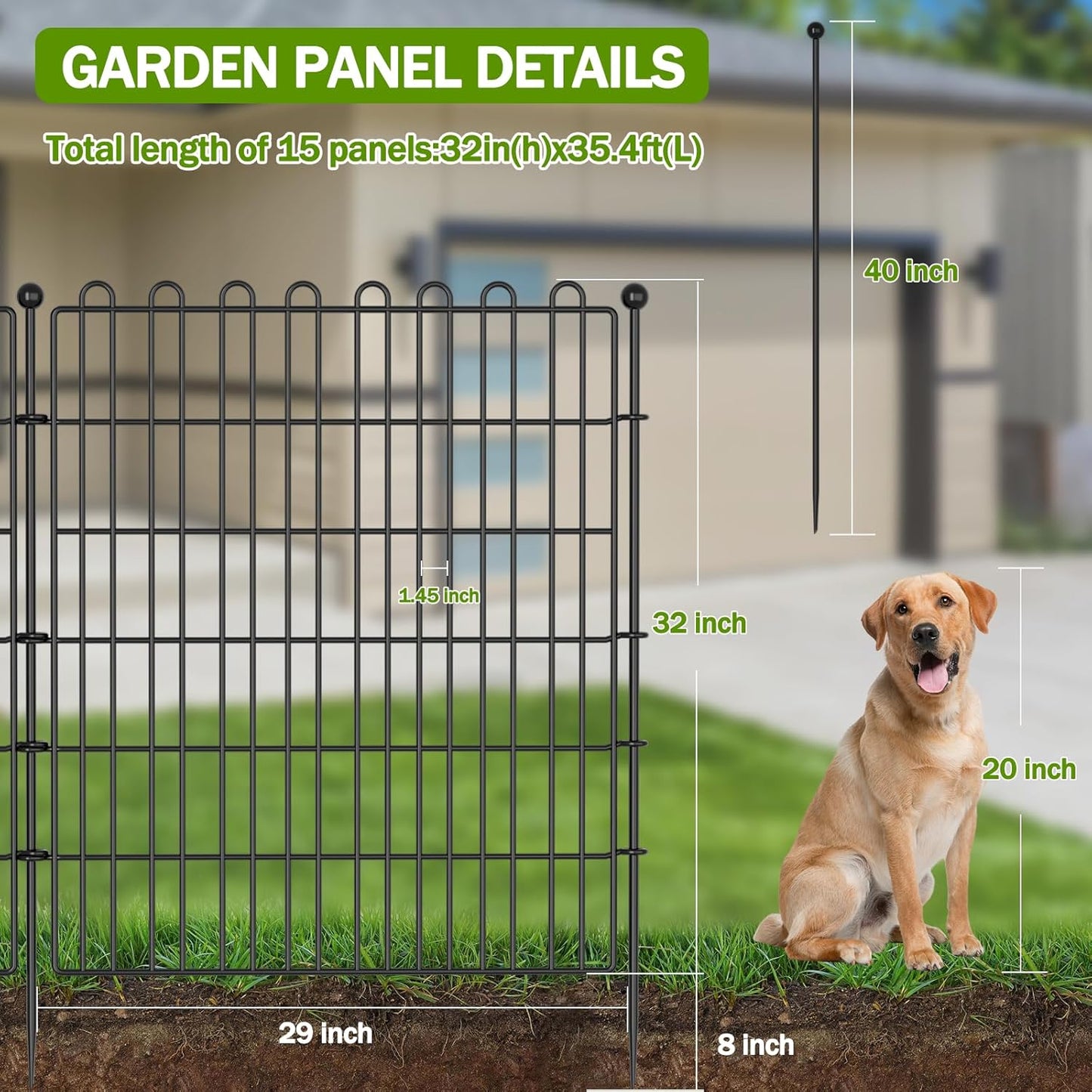 15 Panels No Dig Decorative Garden Fence for Yard, 32 in(H) X 35.4 ft(L) Animal Barrier Fencing for Outdoor Dog, Metal Portable Garden Fences for Borders, Pets, Landscape, Temporary Fence