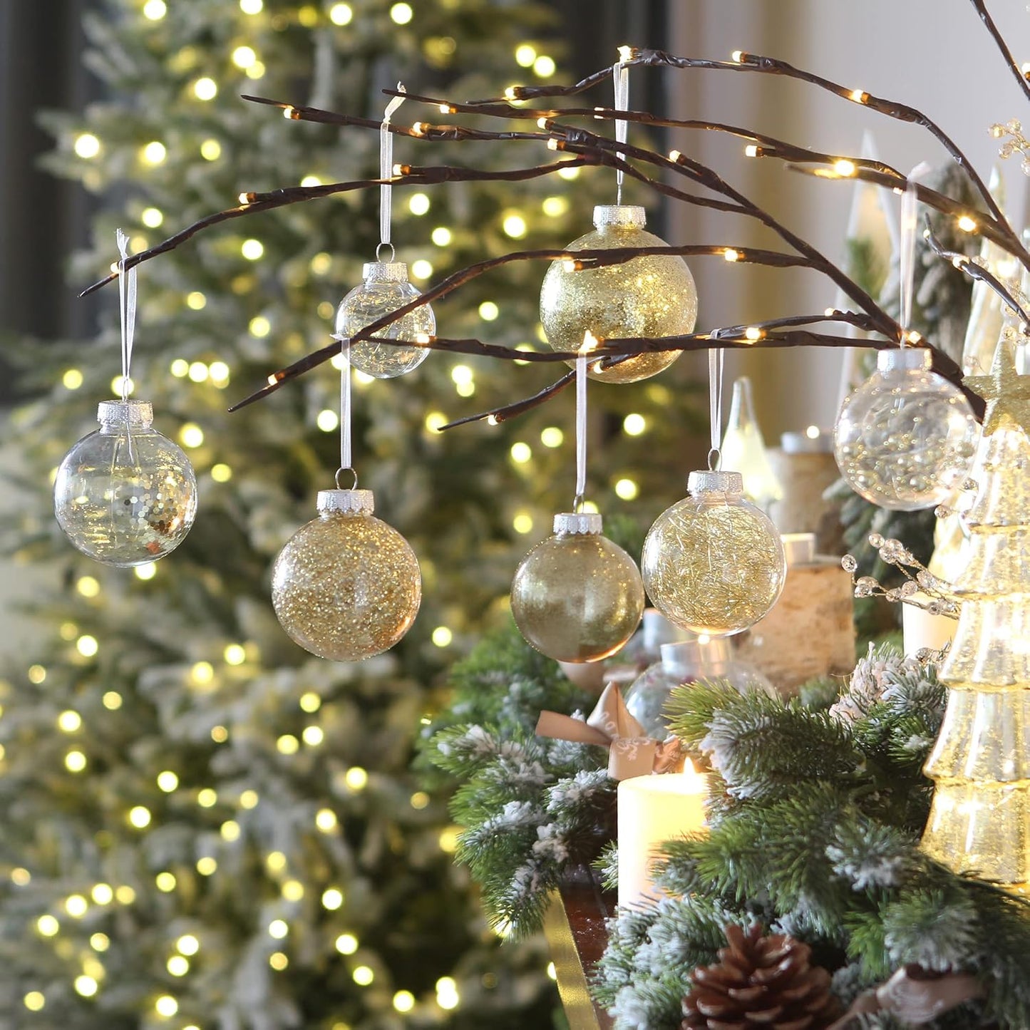 Sea Team Shatterproof Clear Plastic Christmas Ball Ornaments Decorative Xmas Balls Baubles Set with Stuffed Delicate Decorations (80mm/3.15 inch 20-Pack, Gold)