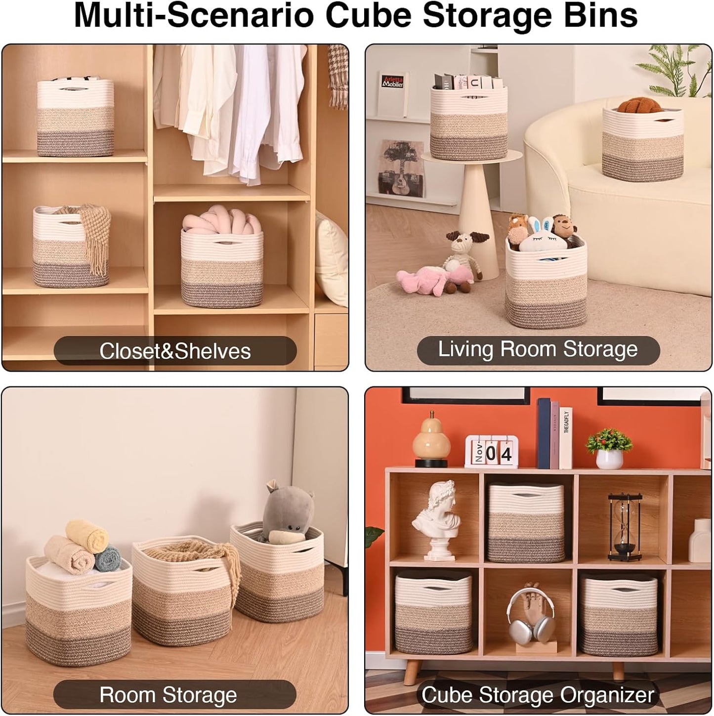 11 Inch Cube Storage Bins, Storage Cube Organizer Bins, Woven Cotton Rope Baskets for Storage, Storage Basket for Organizing Shelves, Square Baskets for Toys, Gradient Brown (Pack of 3)
