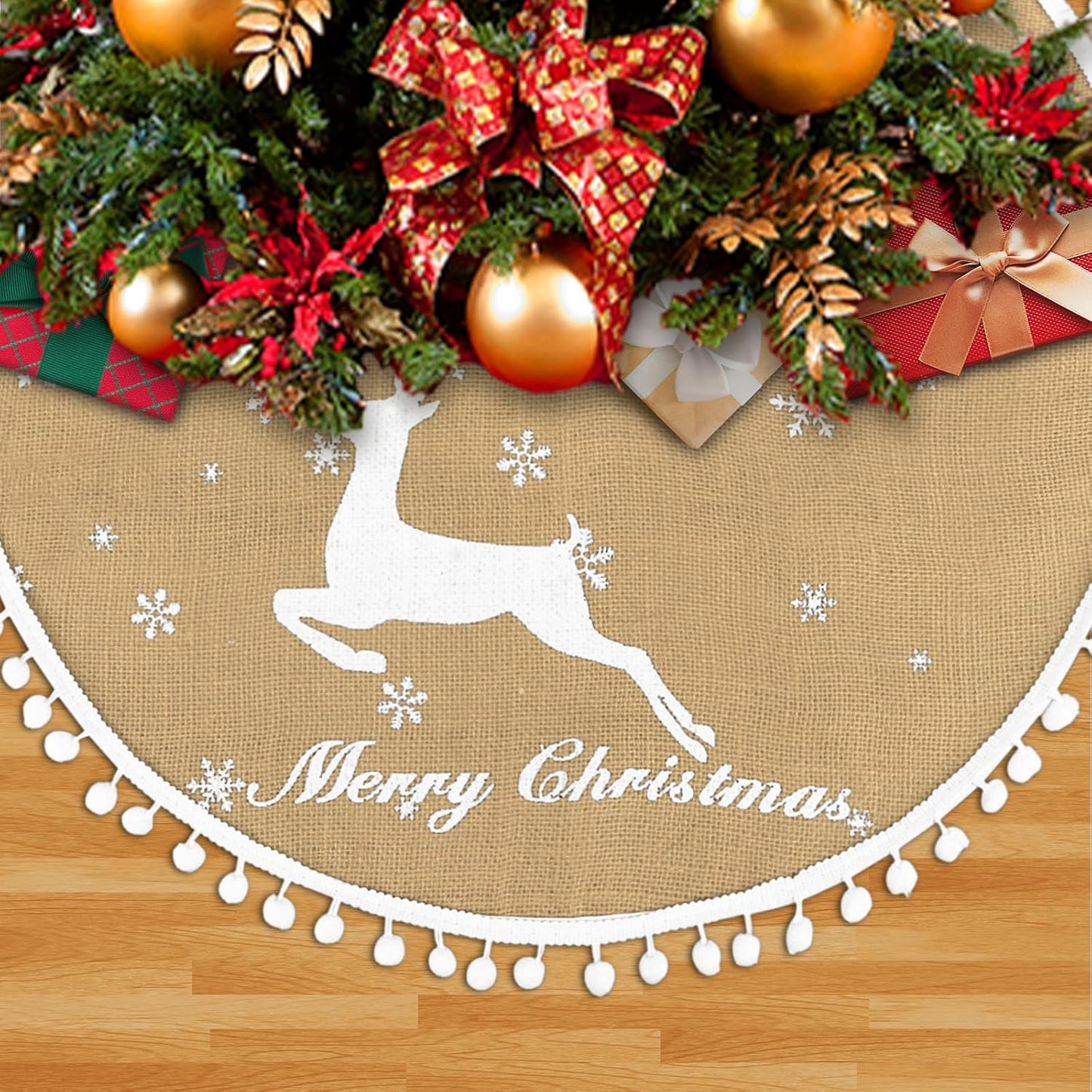 36 Inch Christmas Tree Skirt, Burlap Linen Color Christmas Rustic Tree Skirt with Elk Deer and White Snowflake Printed for Holiday Party Xmas Tree Decoration