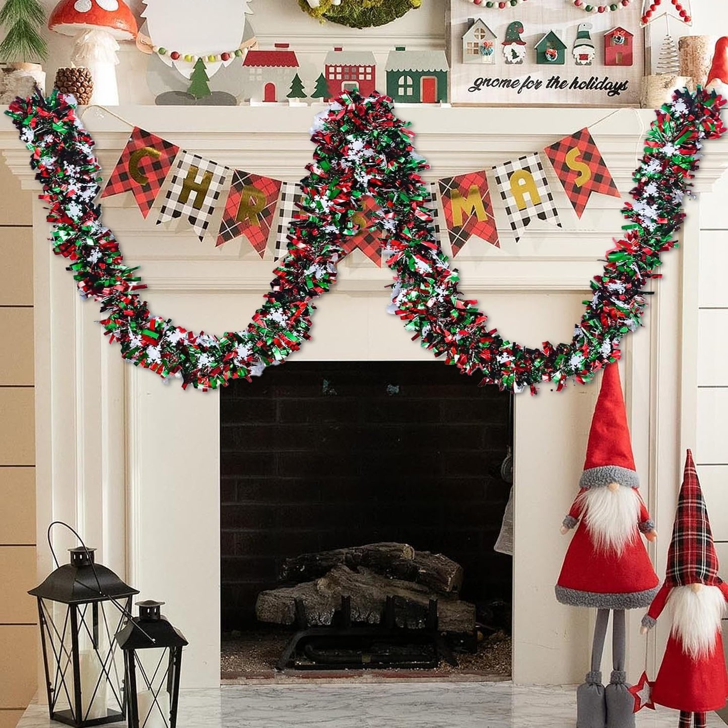 50 Feet Green Red Christmas Metallic Tinsel Twist Hanging Garland with Snowflake for Home Mantle Xmas Tree Staircase Railing New Year Holiday Party Indoor Outdoor Decorations