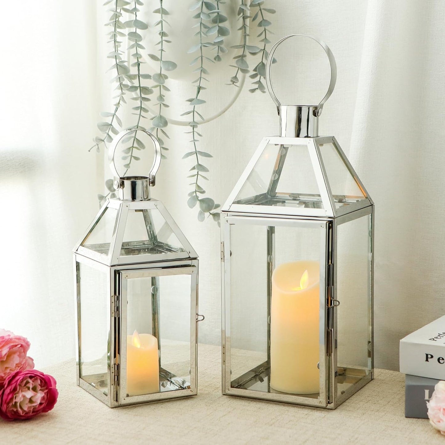 TRIROCKS Set of 2 Stainless Steel Decorative Lanterns 13"&10" H Metal Candle Holders with Tempered Glass for Home Decor Living Room Parties Events Tabletop Indoors Outdoors(Silver)