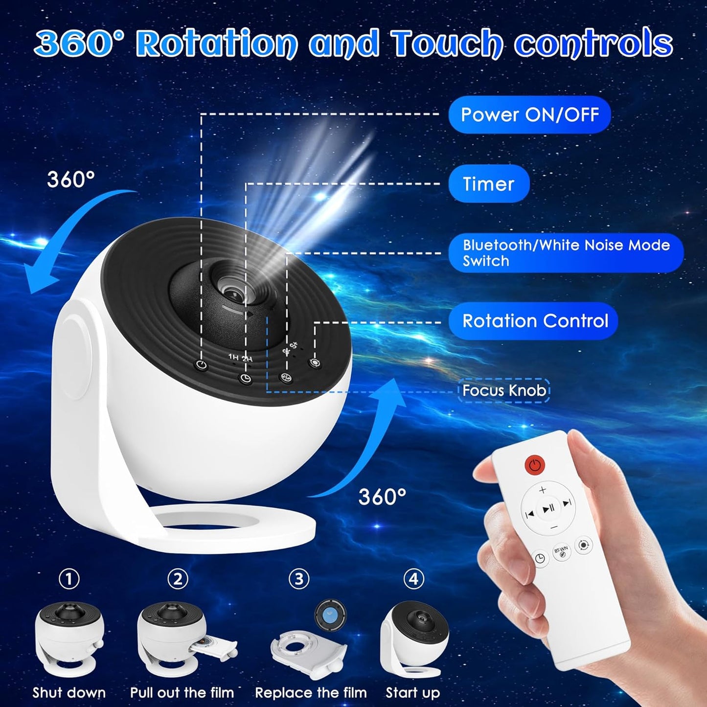 Galaxy Projector for Bedroom Pro Version, HD 12 in 1 Film Discs Star Projector Galaxy Light, Planetarium Projector with Timer, White Noise, 360 ° Rotation, Bluetooth, Remote Control