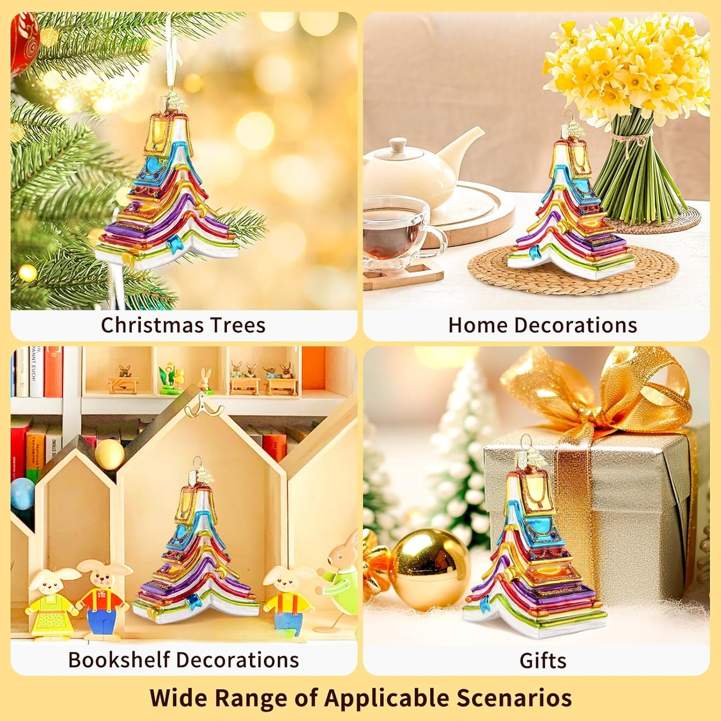 Book Christmas Tree Ornaments,Hand-Blown Glass Ornaments,Colorful Book Tree Shape Watcher Collection Figurines Hanging Ornament,Christmas Decorations for Reading Lovers Holiday Party Home Gift