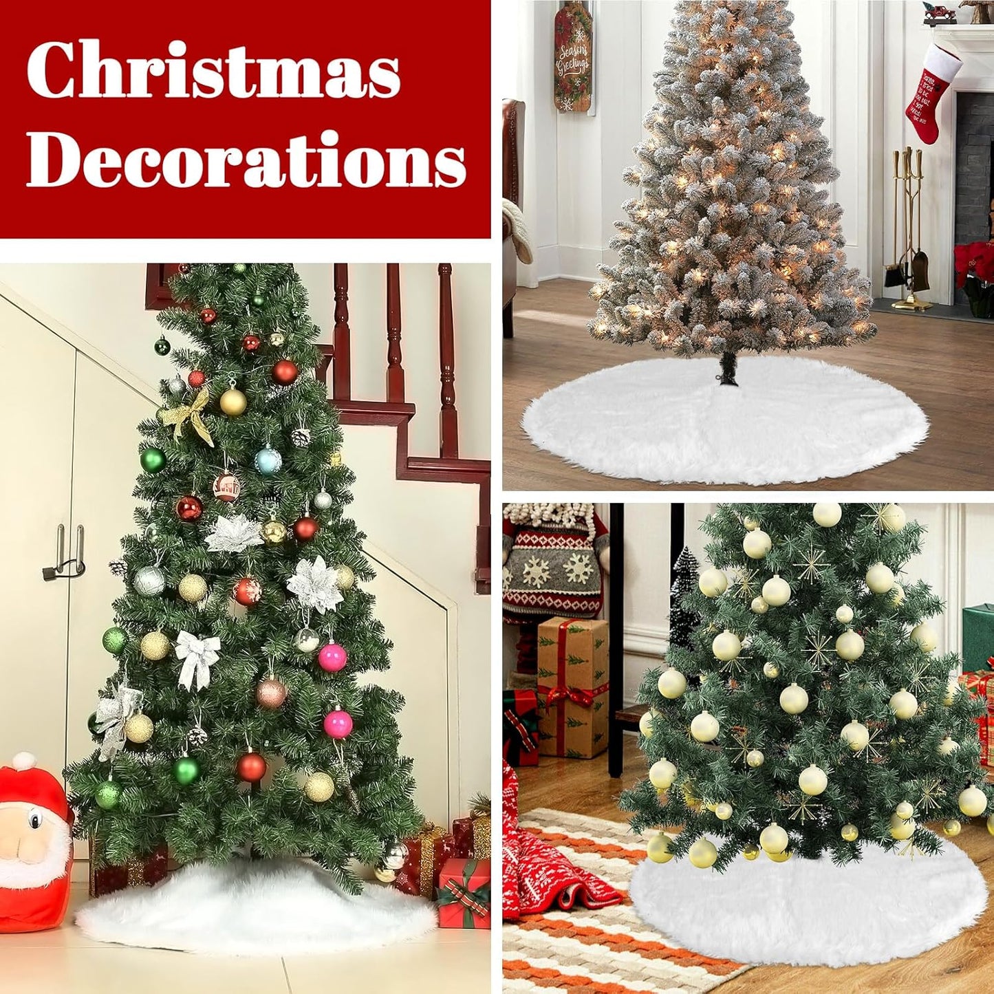 48 Inch Faux Fur Christmas Tree Skirt Soft Snow White Plush Tree Mat Christmas Decorations Fluffy Tree Skirts Xmas Holiday Party Indoor Decorations