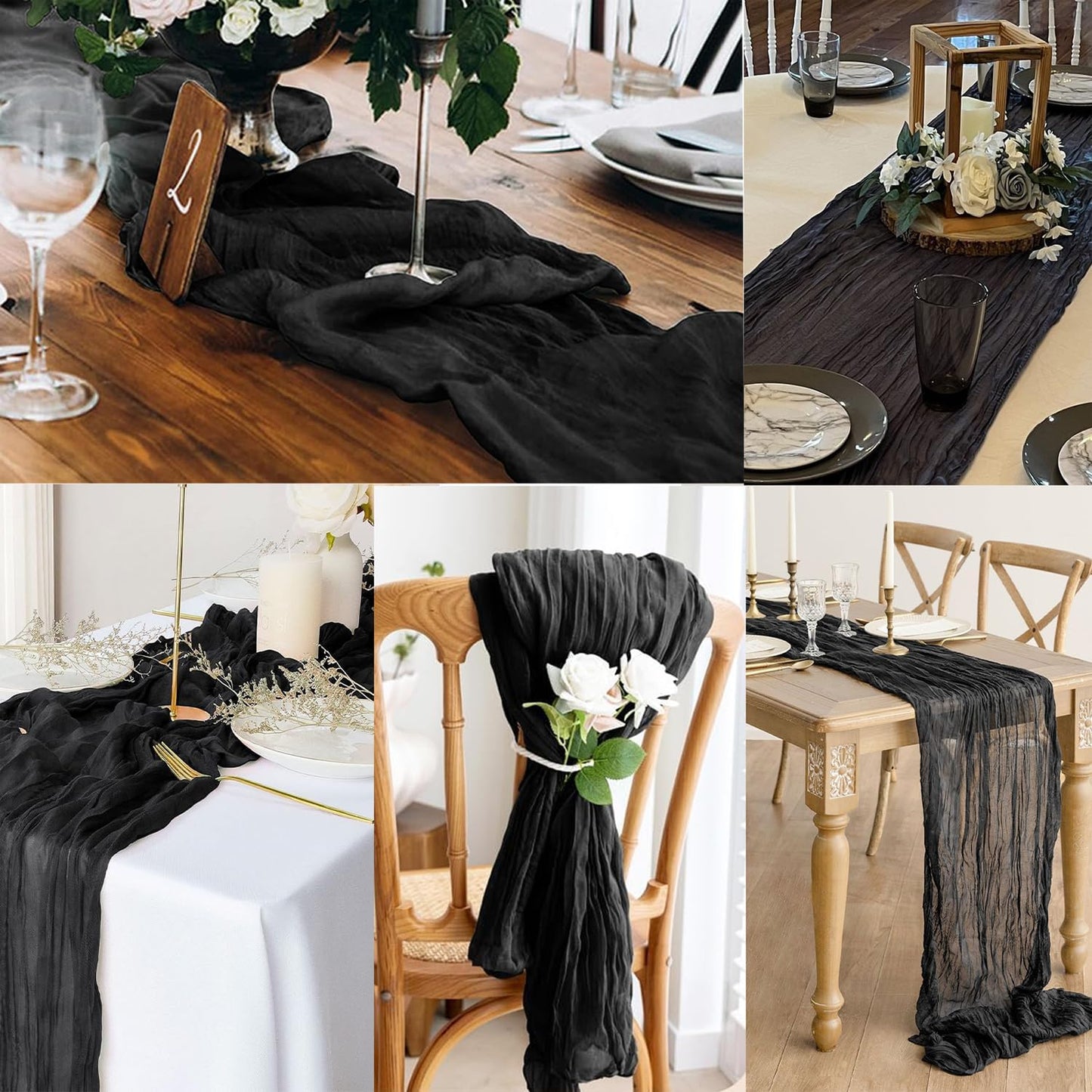 10FT 6 Pack Black Cheesecloth Table Runner 20 x 120 Inch Long Boho Fabric Rustic Cheese Cloth Table Runner for Wedding Bridal Shower Baby Shower Gauze Sheer Birthday Party Table Decorations
