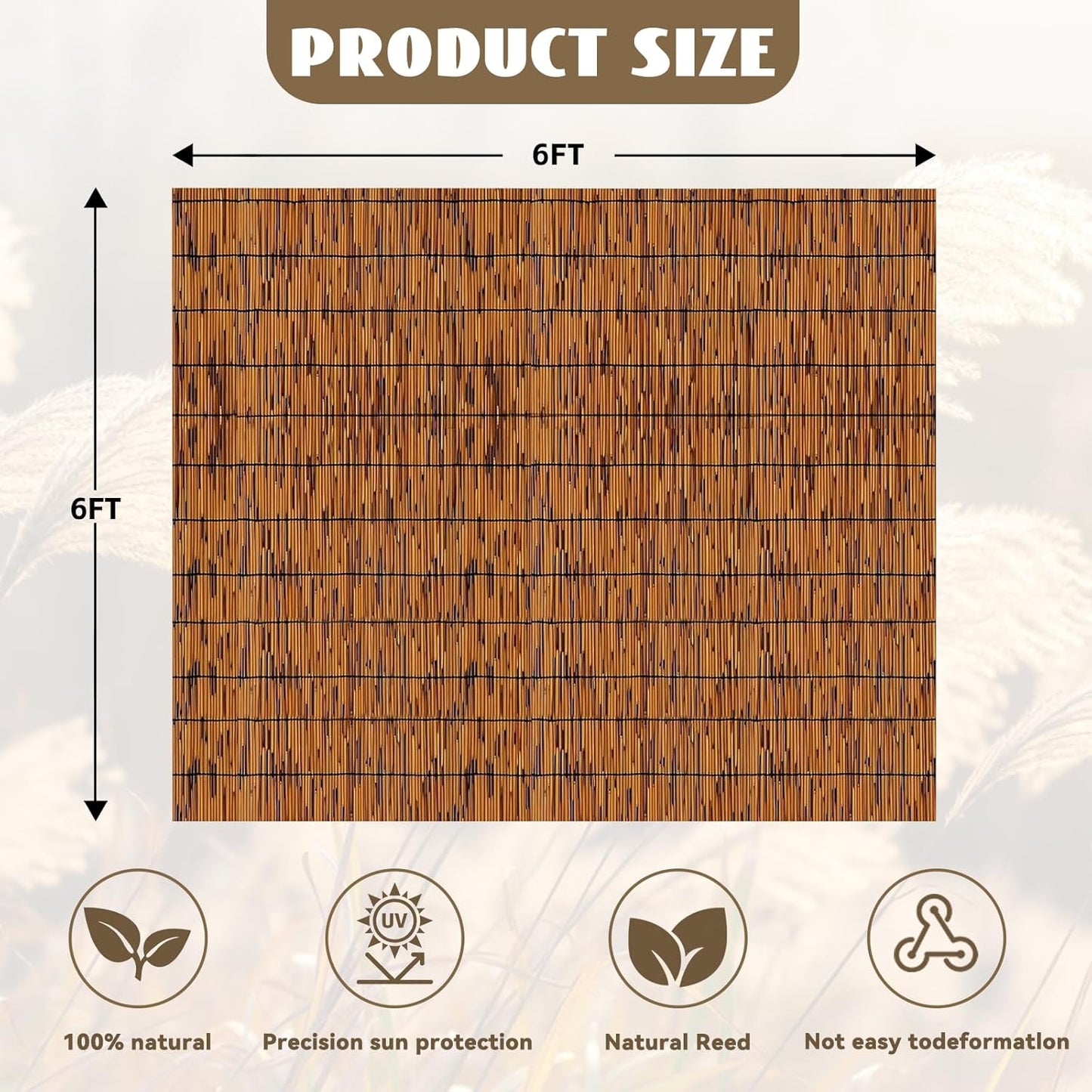 Bamboo Privacy Fence, Light Russet Bamboo Reed Fencing 6ft High, Decorative Reed Rolls Privacy Screens for Patio Garden Balcony Backyard Outdoor, 6 x 6 FT