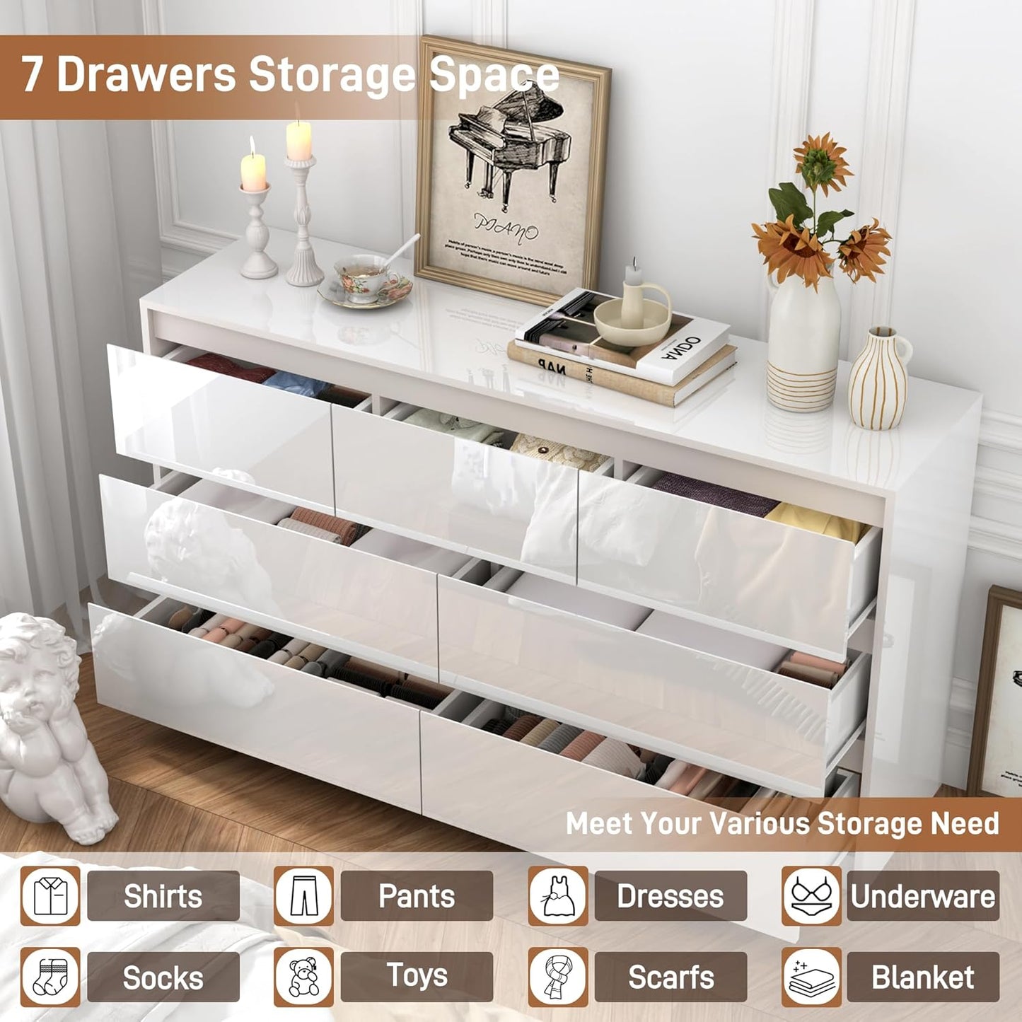 White Malm Dresser for Bedroom, 55 Inch Full High Gloss Dresser with 7 Drawers, Modern Large Wood Chest of Drawer Handle Free, Living Room, Entryway, Hallway, White
