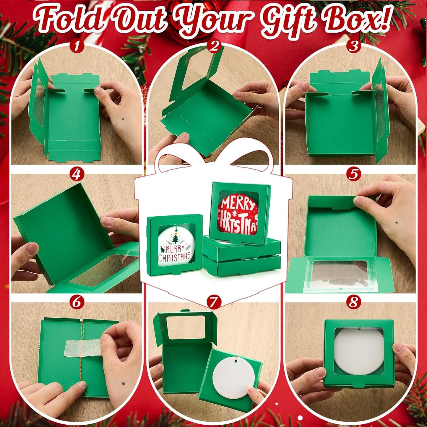 25 Pcs Sublimation Ornament Blanks Box 3.6"x3.6"x0.7" Christmas Ornaments Holder Ceramic Discs Packaging Box with Window for Personalized Xmas Tree Blanks Bulk (Green)