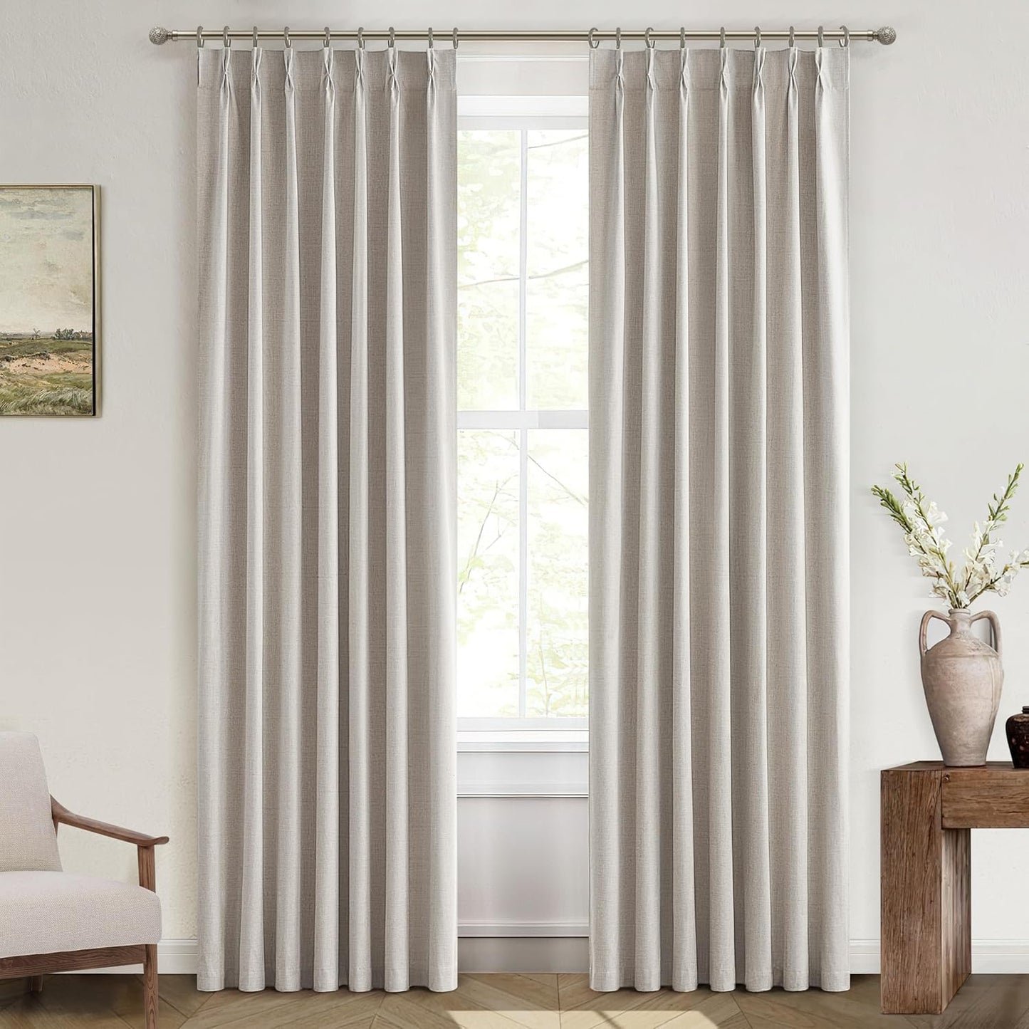 100% Blackout Thermal Curtains 84 Length 2 Panels Set for Bedroom, Linen Windows Pinch Pleated Drapes with Hooks for Track 7ft Modern Rustic Living Room Darkening Curtains 84 Inches Long Off White