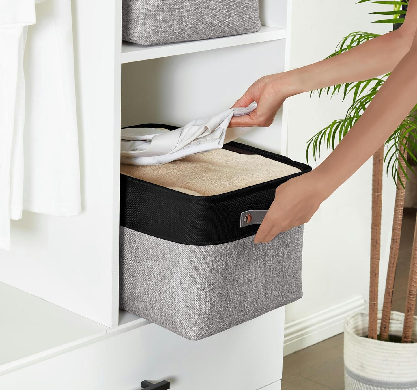 DECOMOMO Storage Baskets for Shelves - Fabric Closet Organizers and Storage Bins, Perfect Baskets for Organizing Closet Toys Nursery (Grey and Black, Large - 4 Pack)