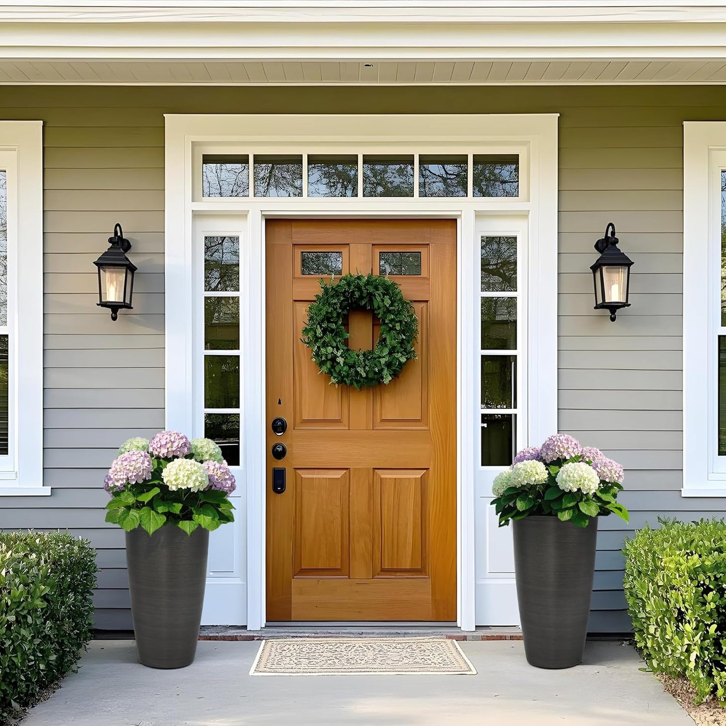 22.8" Resin Planters for Outdoor Plants, Set of 2 Modern Large Flower Pots with Handmade Brushed Metal Finish, Weather Resistant for Indoor/Outdoor Year-Round Use