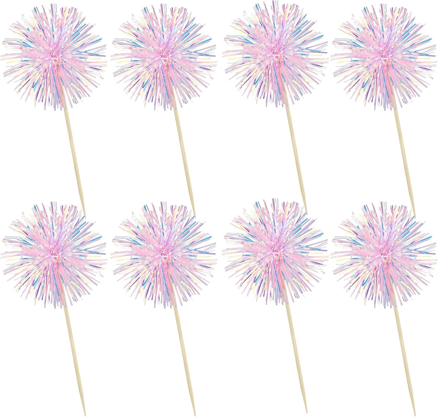 Ephlyn 30Pcs Foil Firework Cupcake Toppers Happy Birthday Cake Toppers Tinsel Flower Drink Stirrers Cocktail Food Fruit Toothpicks for Valentine's Day Party Decorations Pink