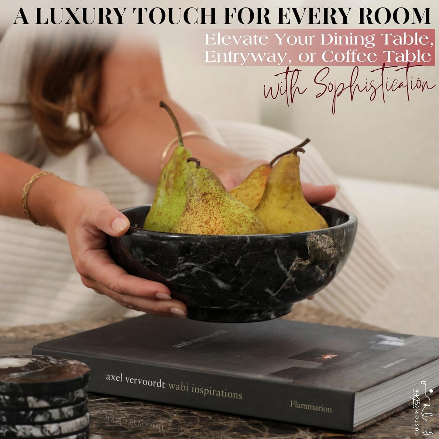 Gusto Nostro 8" Luxury Black Marble Decorative Bowl for Coffee Table - Elegant Modern Fruit Bowl for Kitchen Counter - Heavy Stone Entryway Catch all for Keys, Jewelry, Potpourri Holder Centerpiece