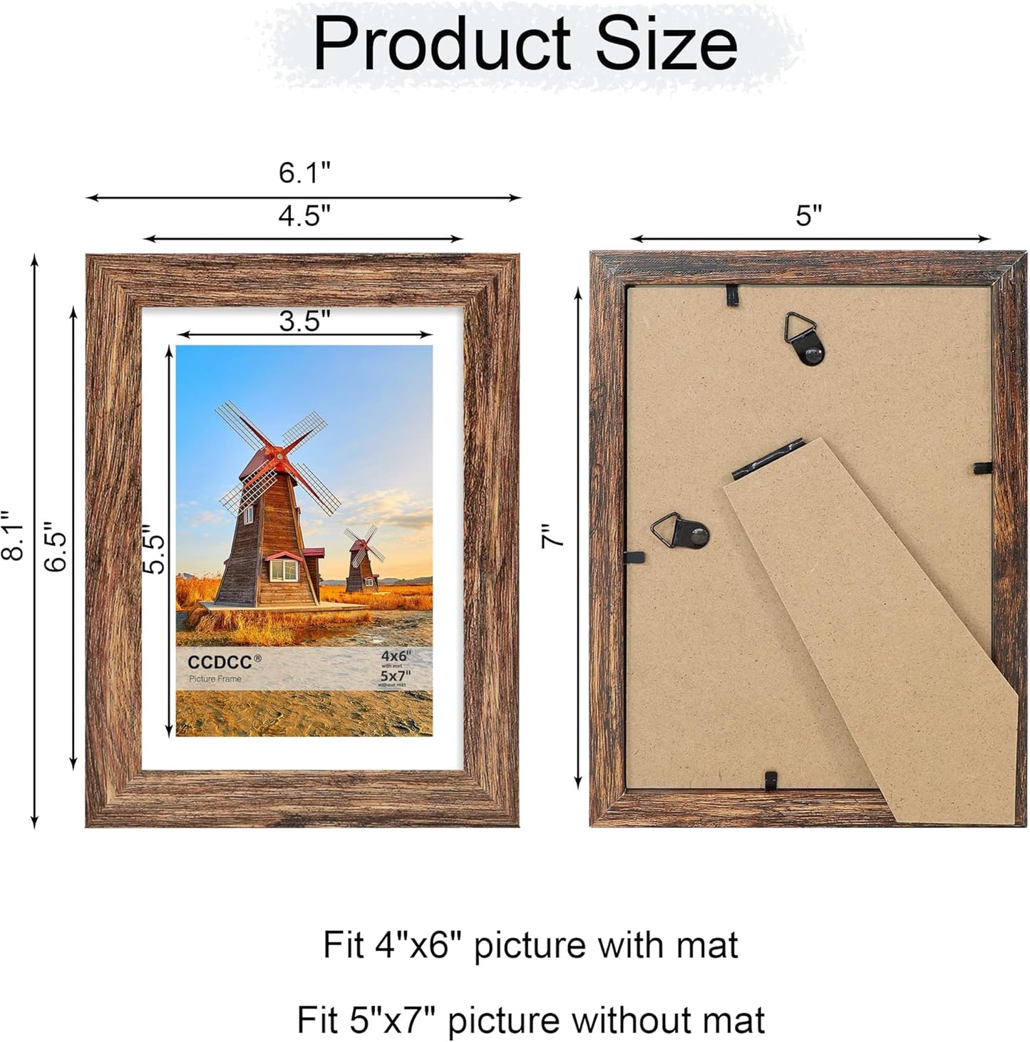 5x7 Picture Frame Set of 4, 5 x 7 Wood Photo Frames with Mat for 4x6, Natural Wooden Frame with Real Glass Cover for Wall and Tabletop Display,Rustic Brown