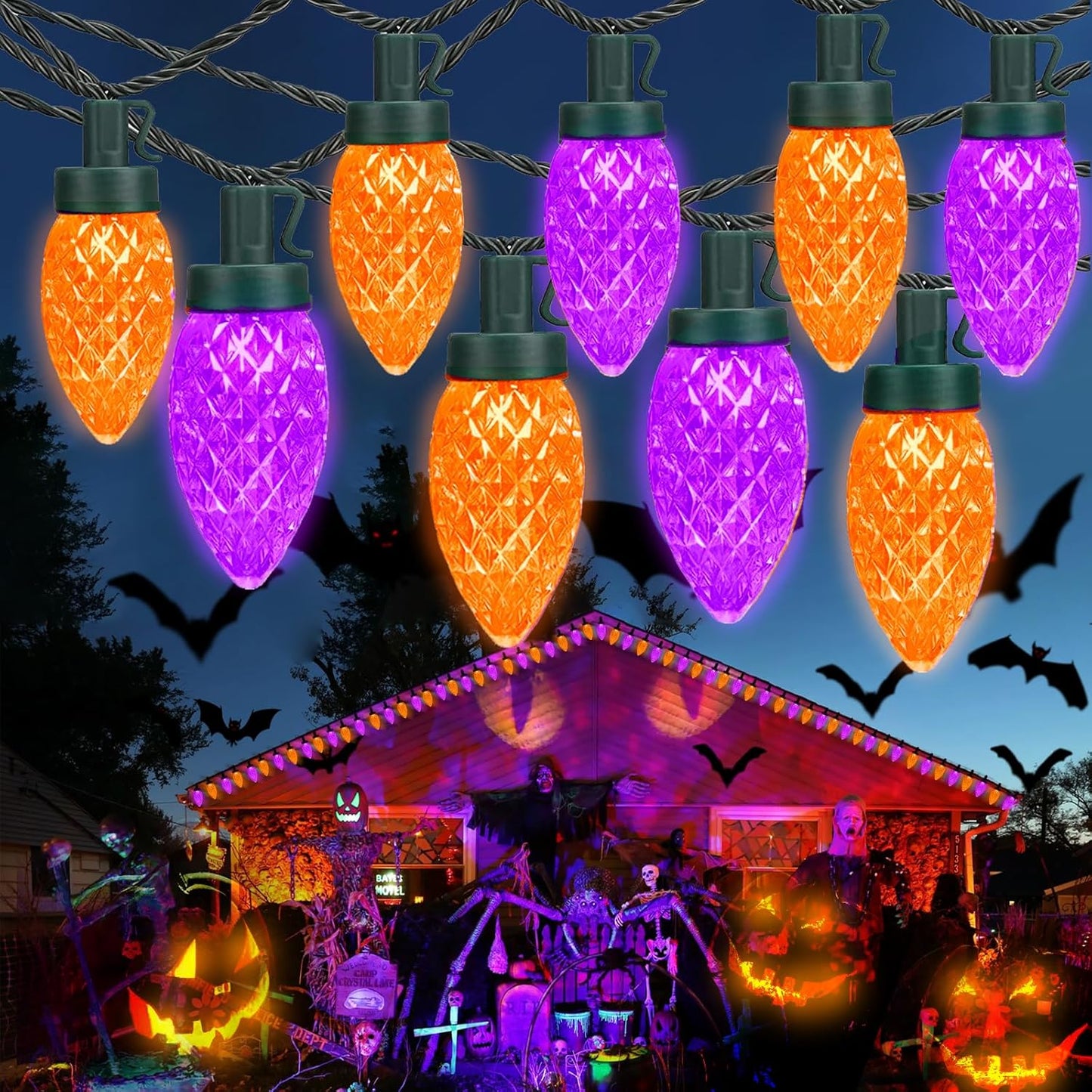 2PK 100 LED Purple and Orange C9 Halloween Lights Indoor Outdoor, Extendable 98FT C9 String Lights with 13 Modes & Timer, Waterproof Plug in Halloween Decorations for Tree Patio Fall Party Garden