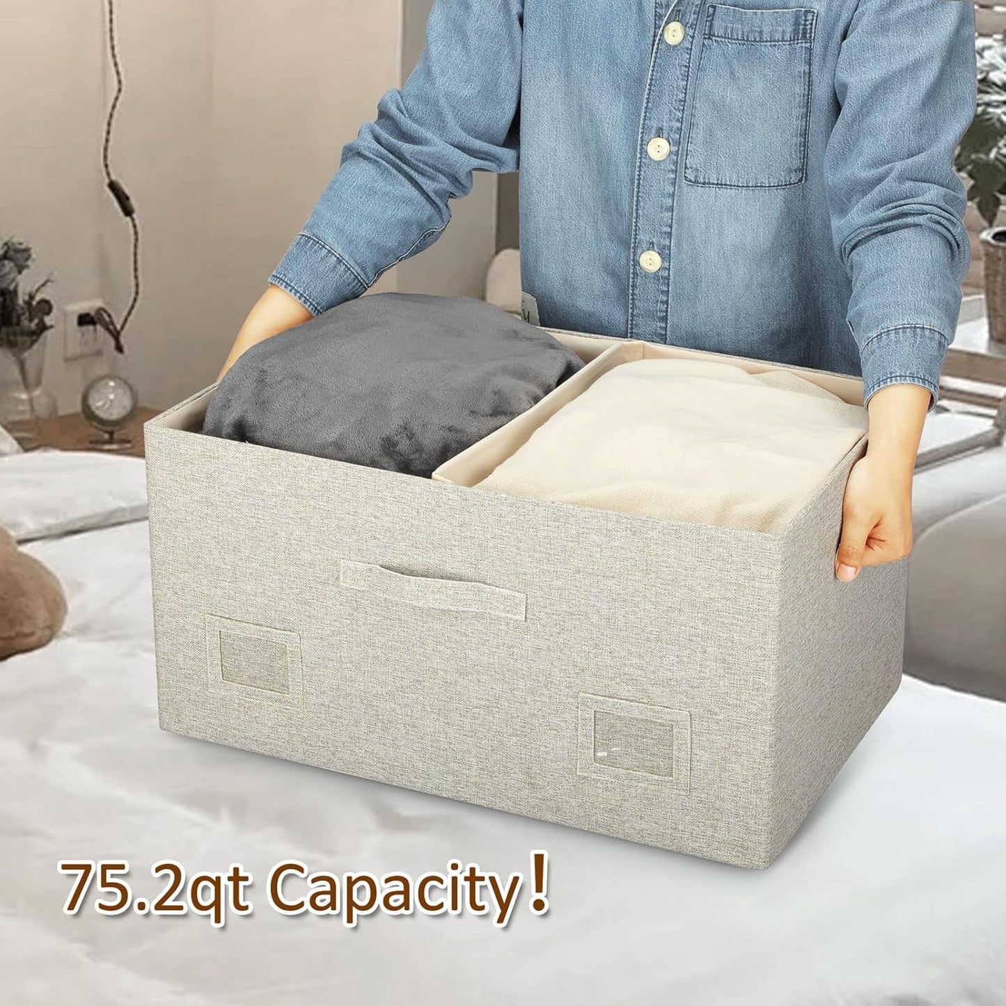 75 Quart Extra Large Decorative Collapsible Storage Bins with Lids, 1 Pack Beige Stackable Boxes