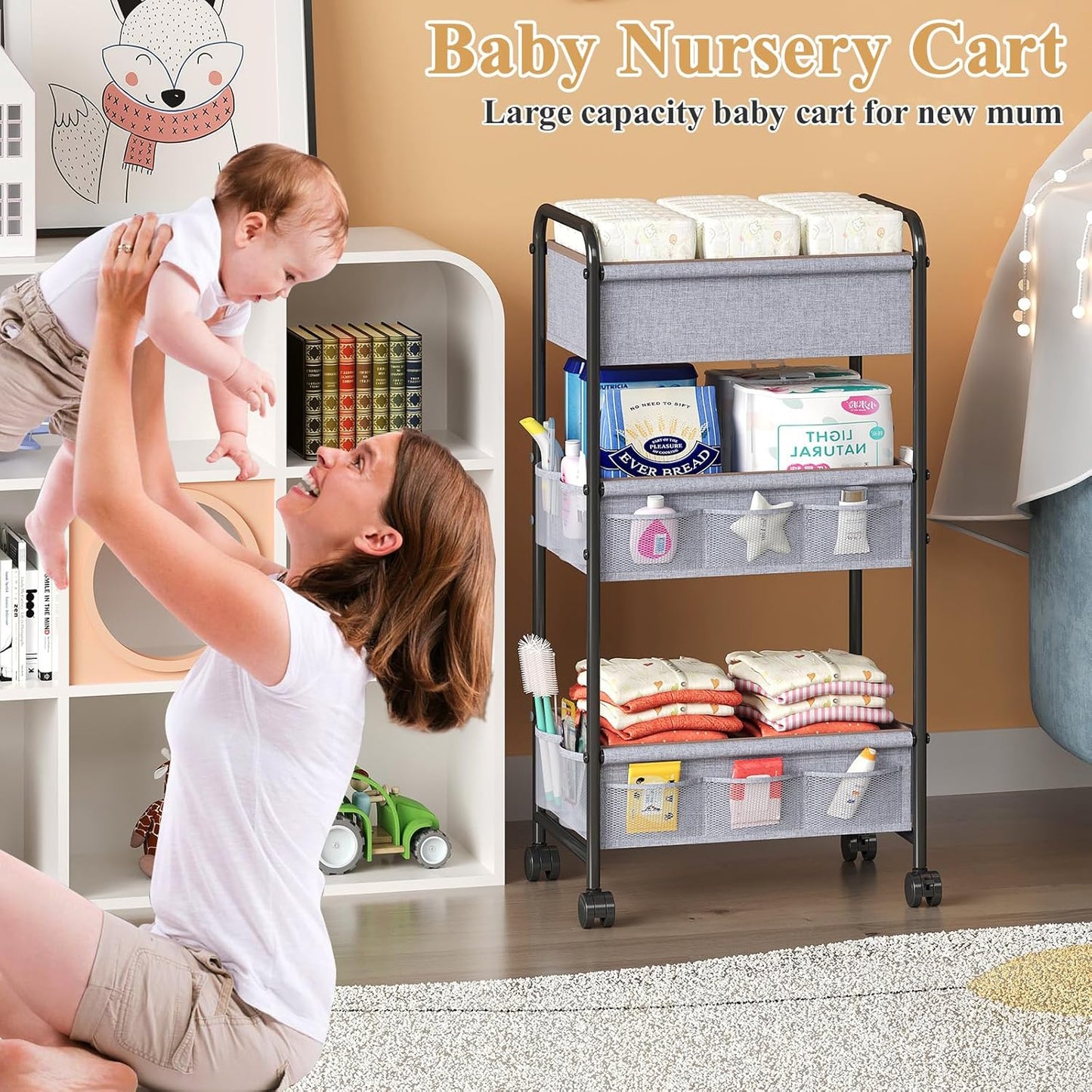 3-Tier Baby Diaper Caddy Cart Organizer with 2 Dividers & 14 Mesh Pockets - Black Mobile Nursery Storage Cart with Wheels, Durable Metal Utility Cart for Nursery, Bedroom, Baby Essentials Organization