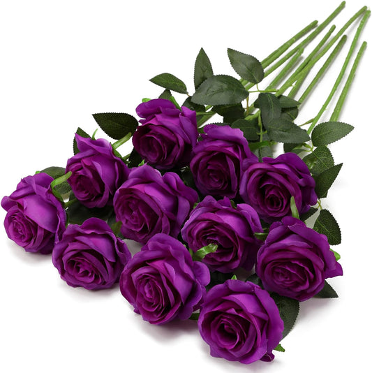 Purple Fake Roses Artificial Flowers - 10 Pcs Fake Artificial Roses Silk Flowers with Stems for Home Wedding Hotel Office Centerpiece Decor