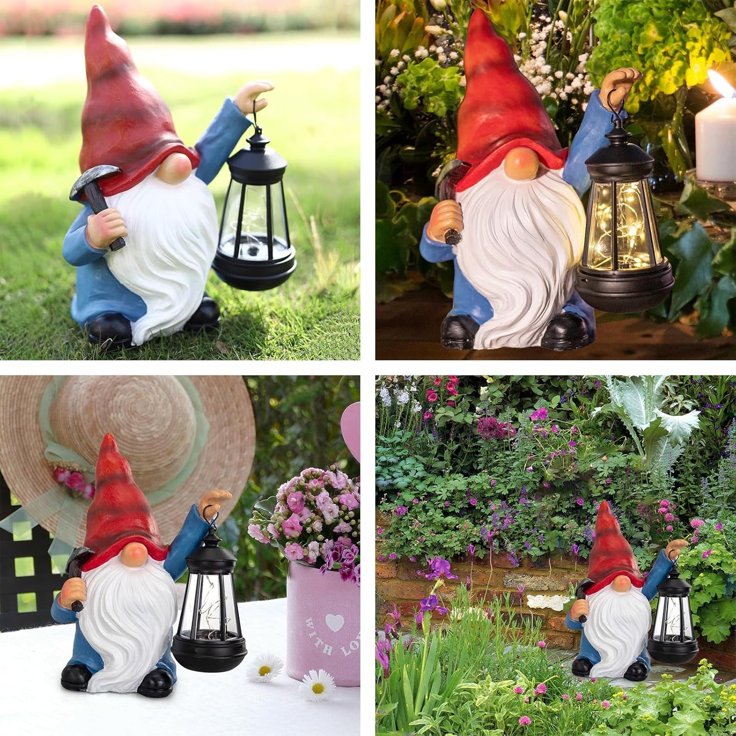 Garden Gnome Statue Solar Light Outdoor Decorations Figurine with Lantern Led Shovel Sculpture Lawn Patio Yard Porch Outside Christmas Housewarming Gifts for Women Mother's Day Grandma