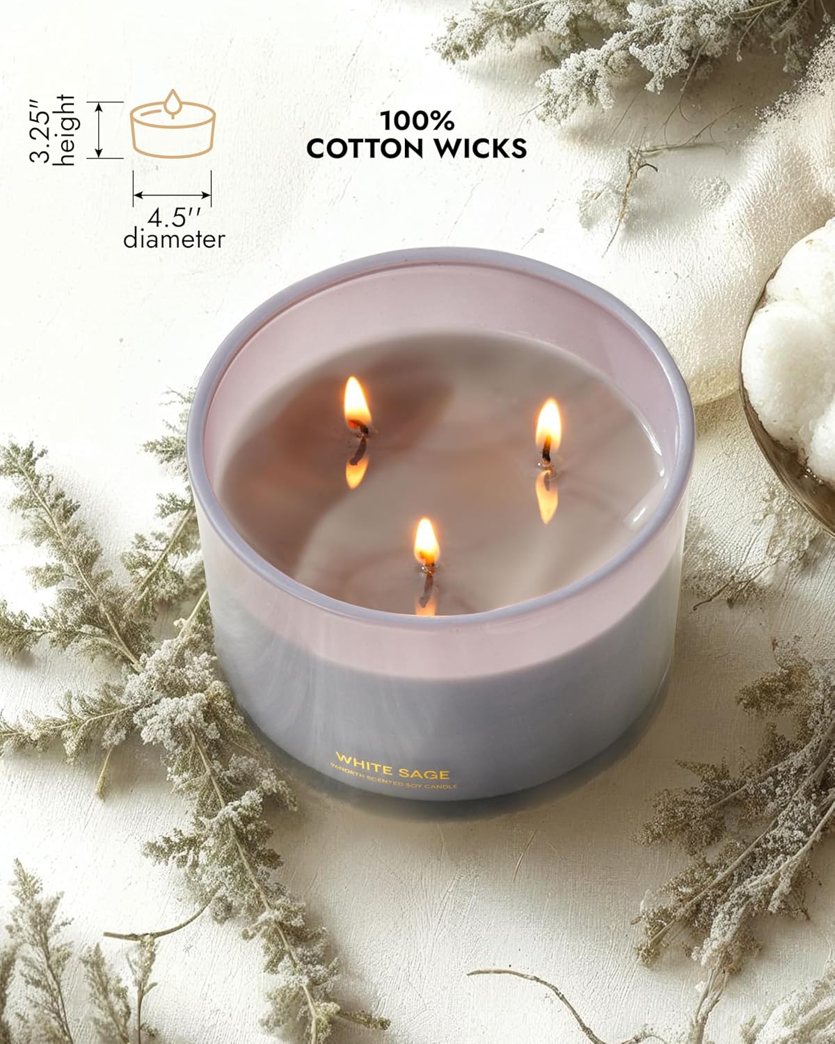 96NORTH Luxury White Sage Candle | Large 3 Wick Jar Candle | Up to 50 Hours Burning Time | 100% Natural Soy Wax | Relaxing Aromatherapy Aesthetic Candles | Housewarming Gift for Men and Women