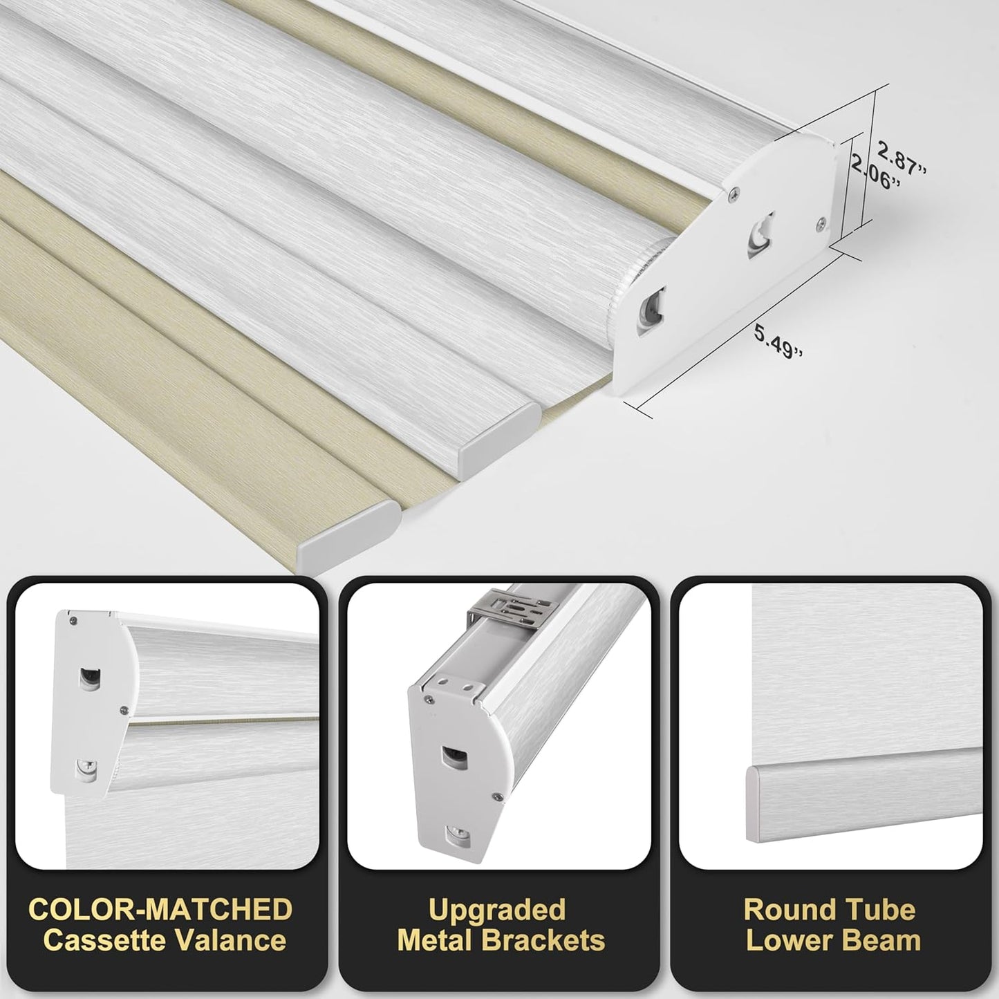 BERISSA Cordless Dual Roller Shades With Cassette Valance, Blackout and Light Filtering, Day and Night for Home Office Door - Beige and White, 34 W x 64" H