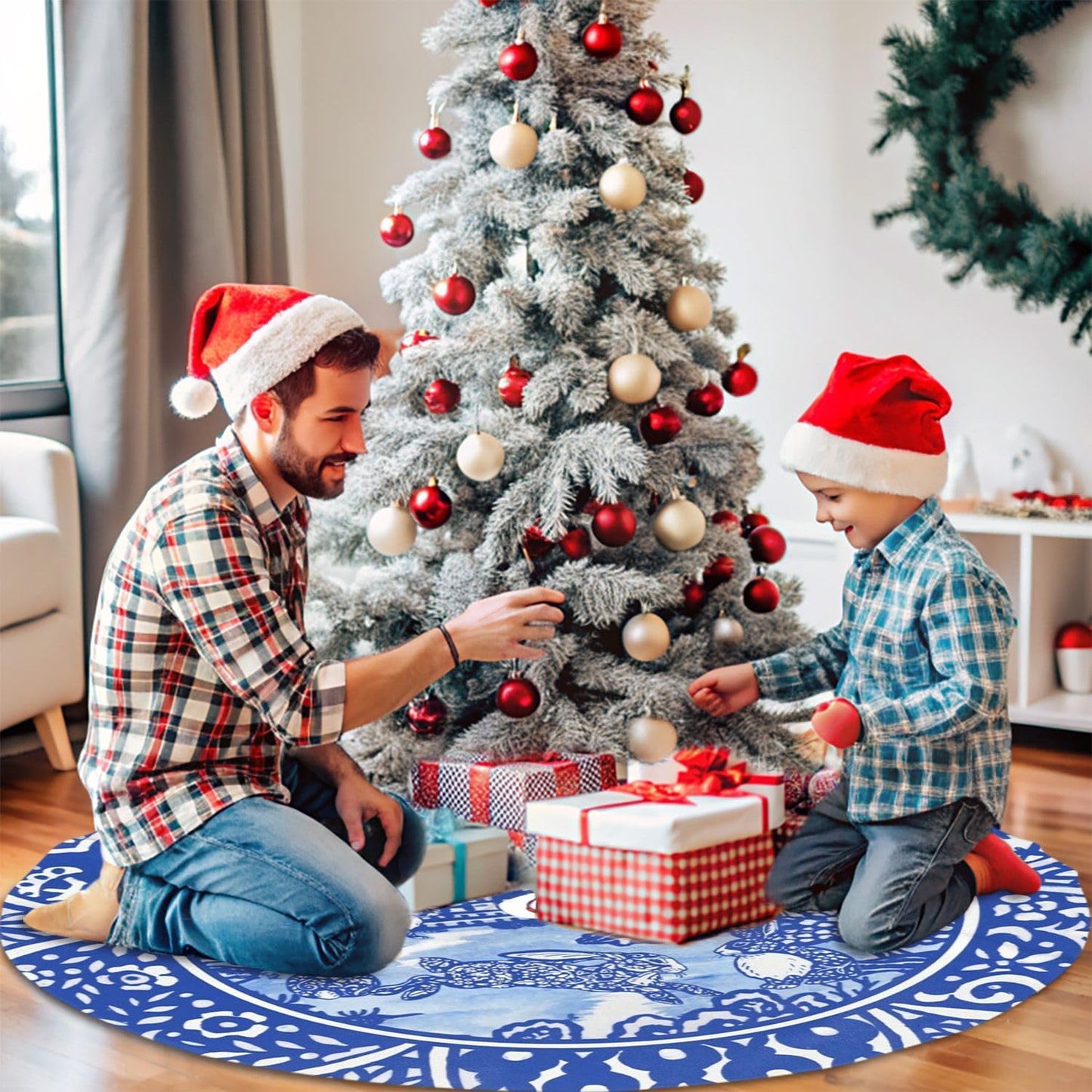 48" Large Christmas Tree Skirt Blue Oriental Rabbit Whimsical Pattern Tree Mat Base Cover for Xmas Festive Holiday Party Decoration Ornaments