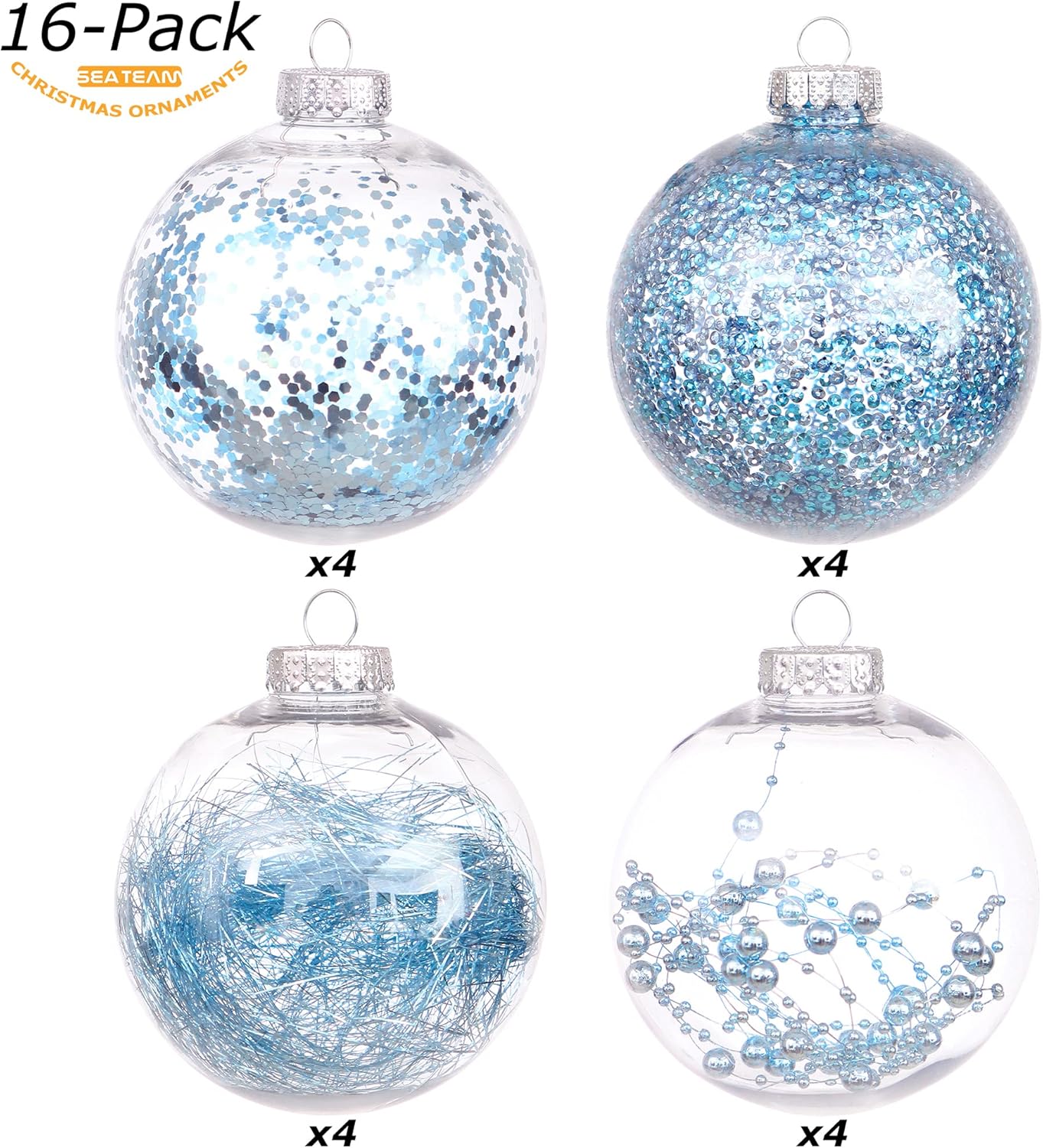 Sea Team Shatterproof Clear Plastic Christmas Ball Ornaments Decorative Xmas Balls Baubles Set with Stuffed Delicate Decorations (100mm/3.94 inch 16-Pack, Babyblue)
