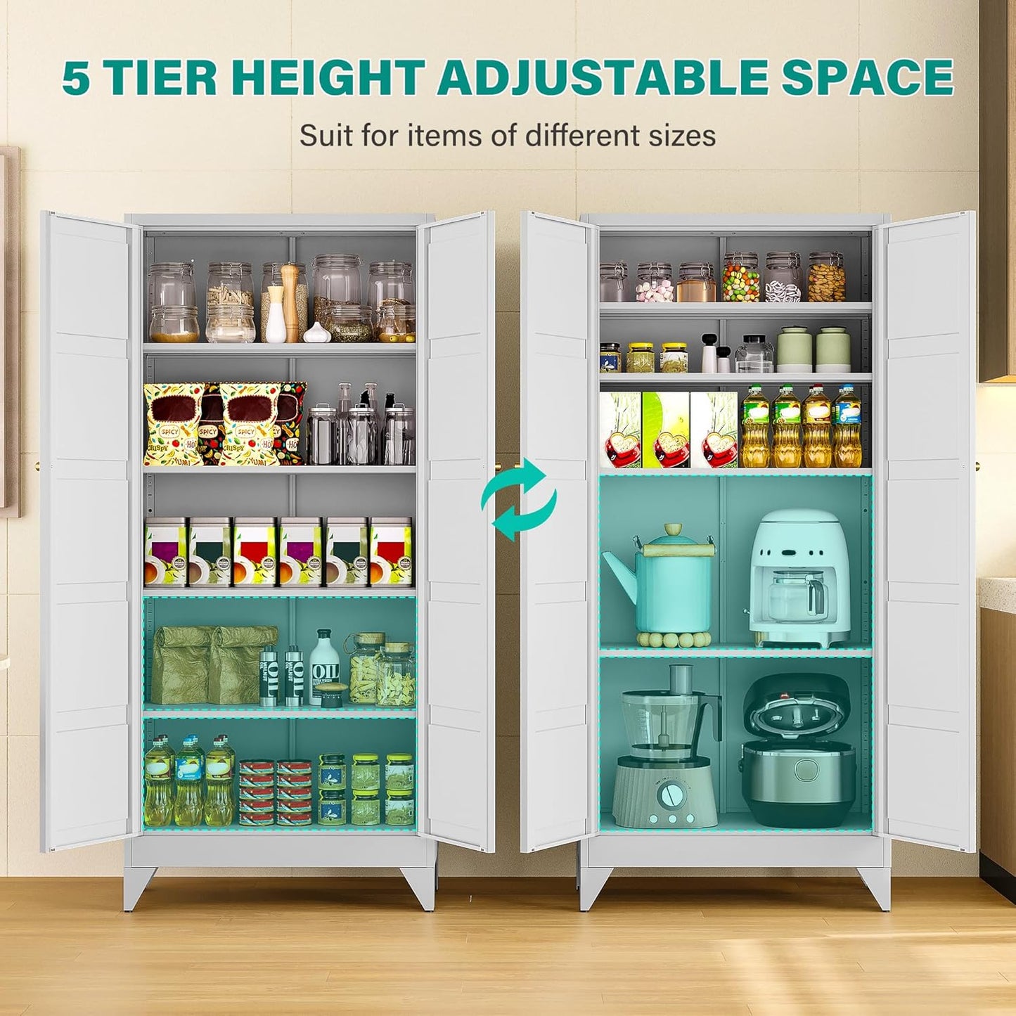 Wide & Deep Metal Storage Cabinet with 2 Doors and 5 Shelves,72 inch Tall Pantry Storage Cabinet,Large Cupboard Closet,White Cabinets for Home,Kitchen,Bathroom,Dining/Living Room